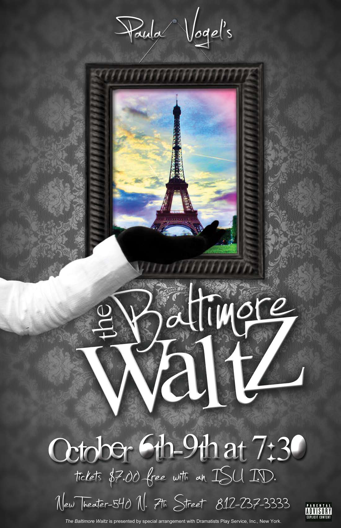 Poster for a theatrical production of 'The Baltimore Waltz' showing a hand holding a picture frame with the Eiffel Tower at sunset, with event details including dates, times, ticket price, and contact information.