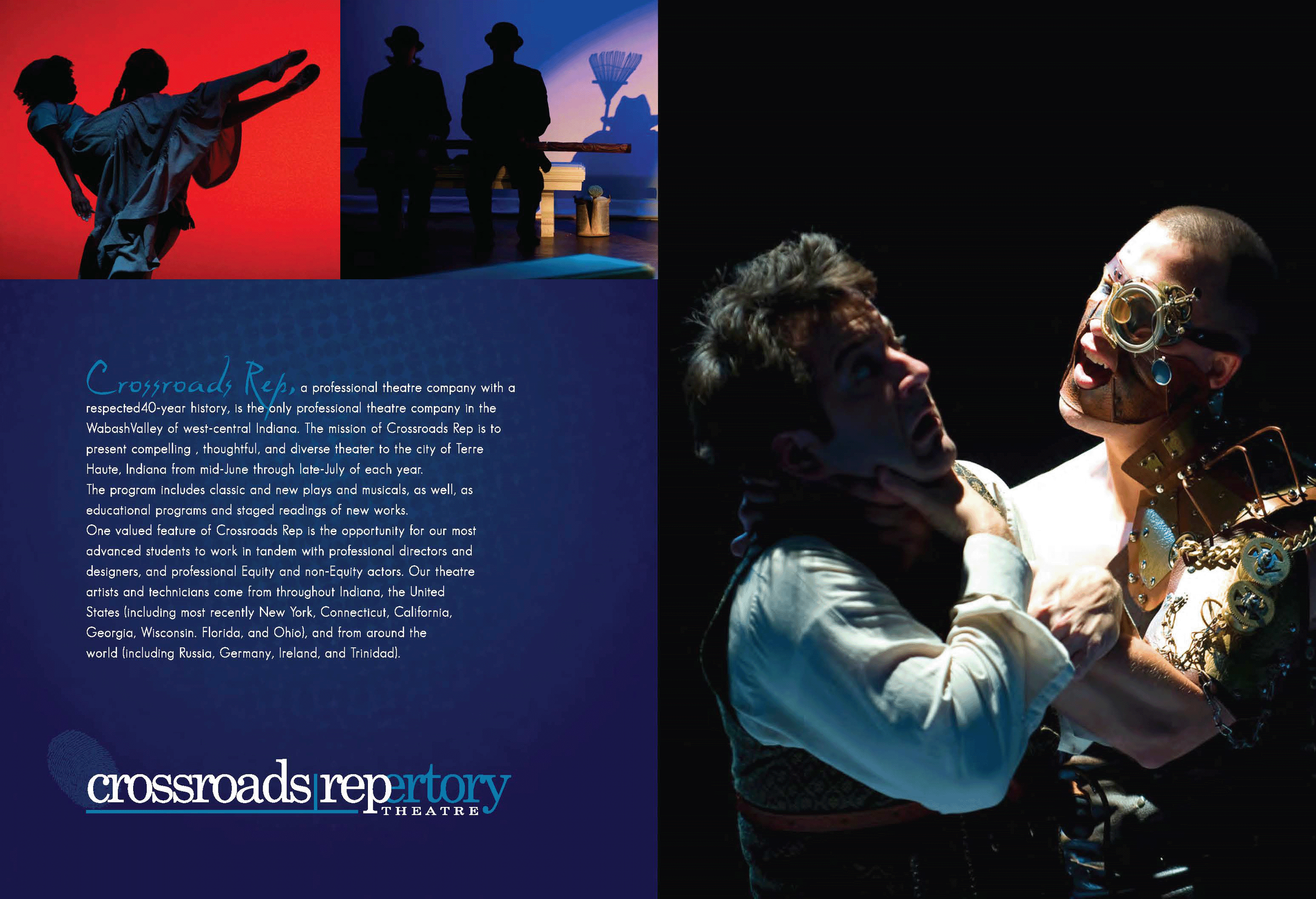 A promotional brochure for Crossroads Repertory Theatre featuring images of two actors performing and two shadowed figures on stage. The text describes the theatre company's history, mission, and involvement in professional theater development, along
