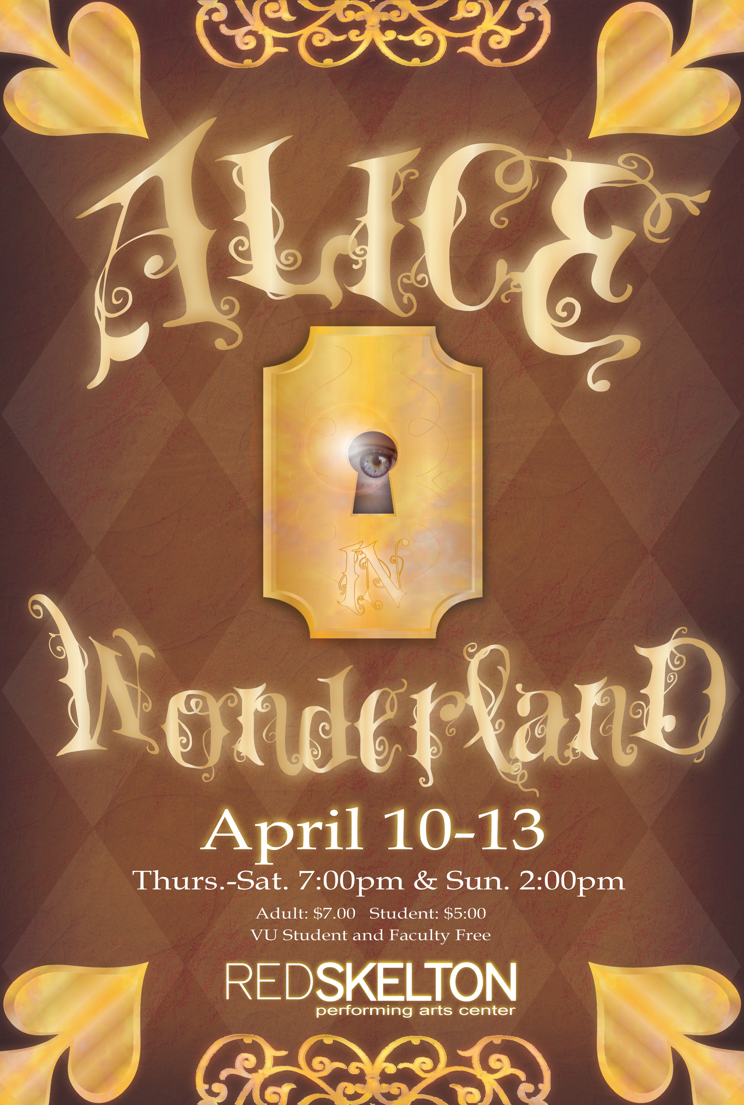 Poster promoting Alice in Wonderland event at Red Skelton Performing Arts Center from April 10-13, with details about showtimes, prices, and the event logo featuring an eye in a keyhole.