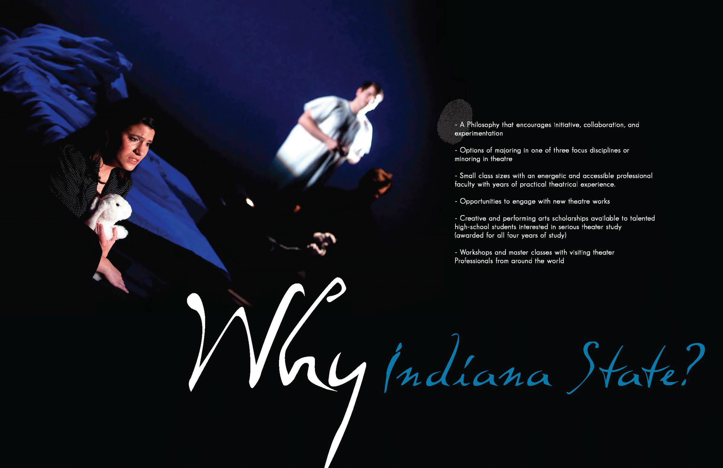 A theatrical scene with two actors on stage, one sitting with a stuffed animal, the other standing in the background, with text about Indiana State University theater programs.