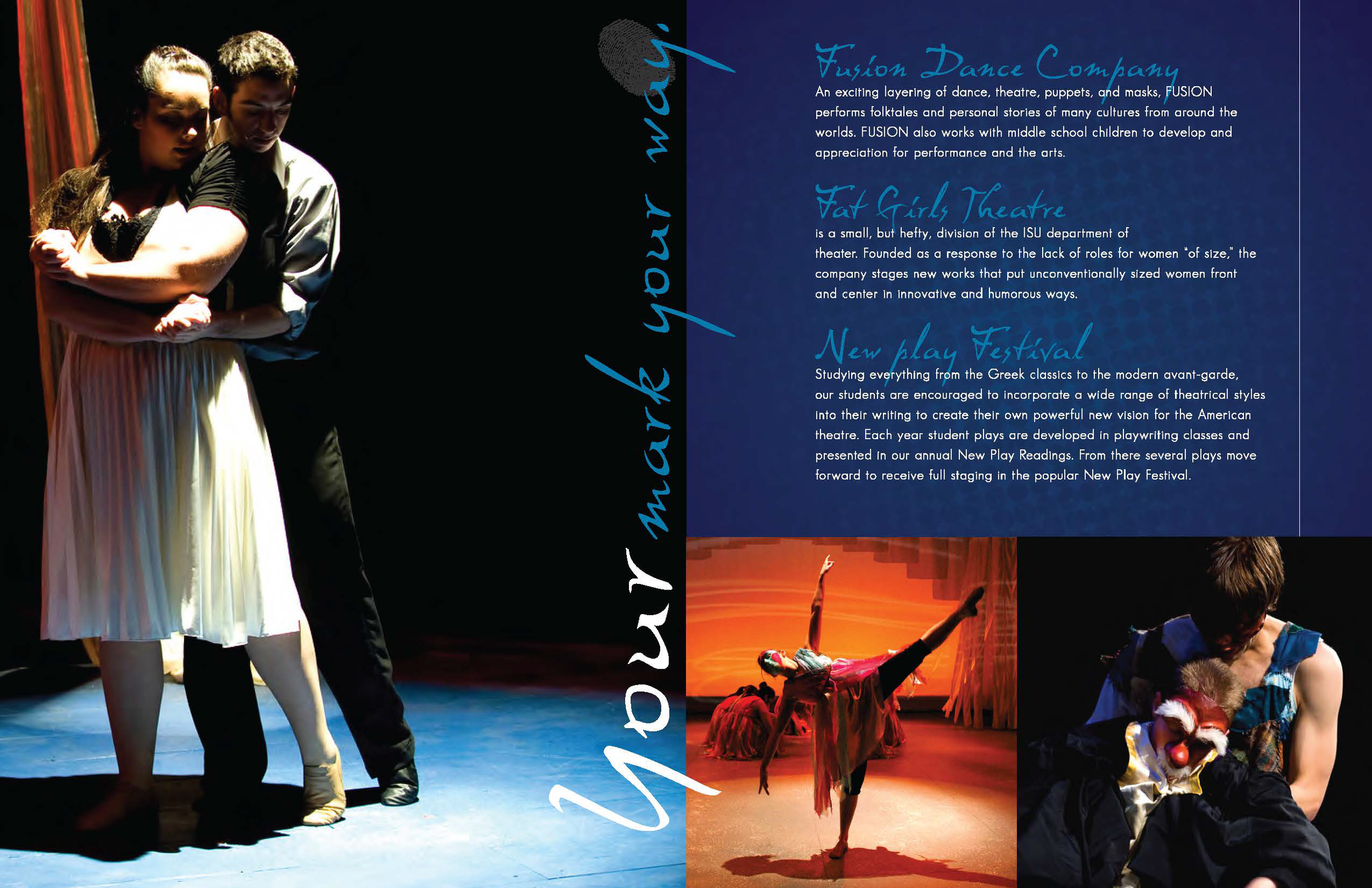 Promotional flyer featuring images of a theatrical performance with dancers and actors, and text about dance and theater programs.