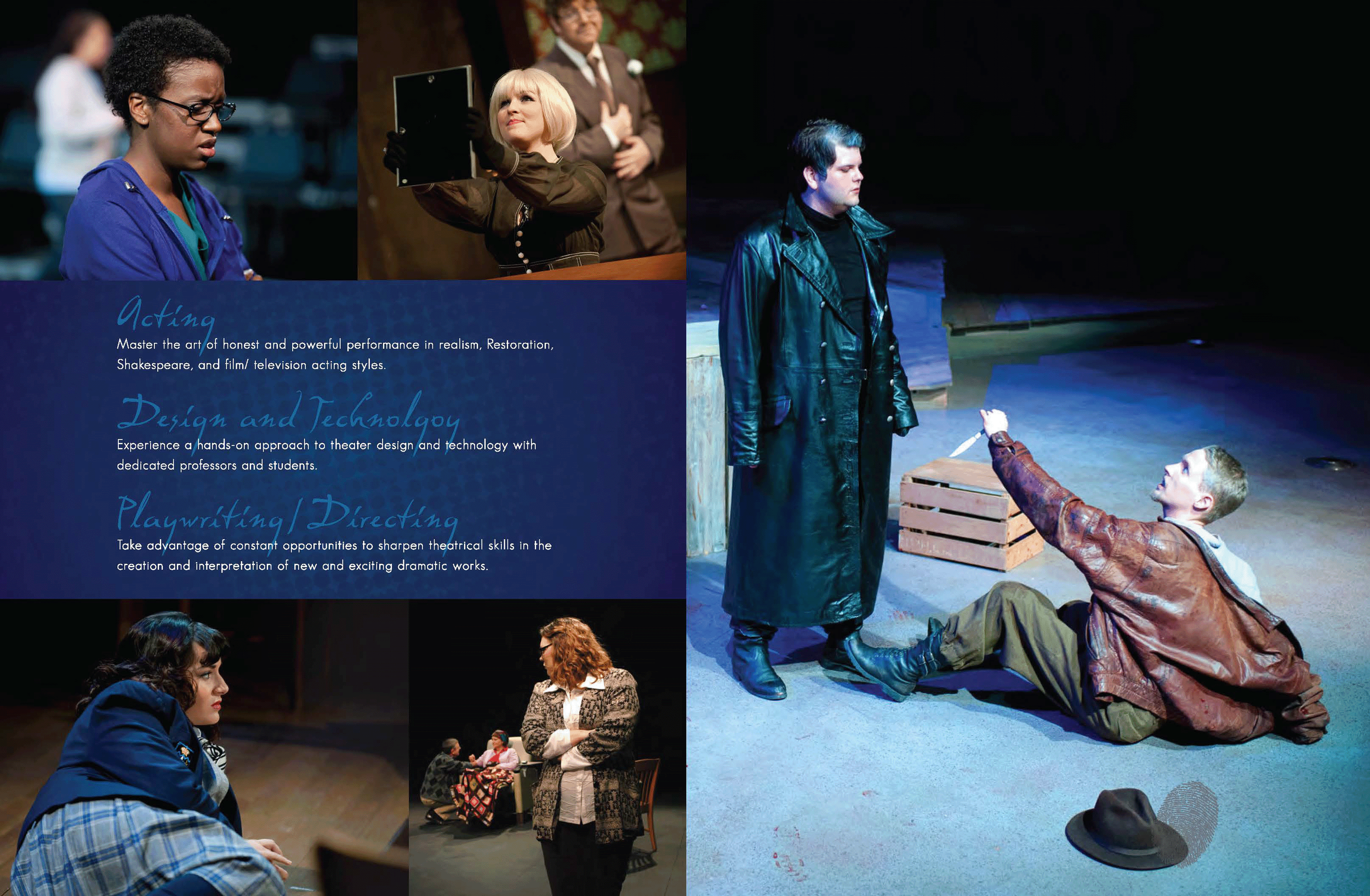 Collage of actors performing in a theater production, with text promoting acting, design, and playwriting programs.