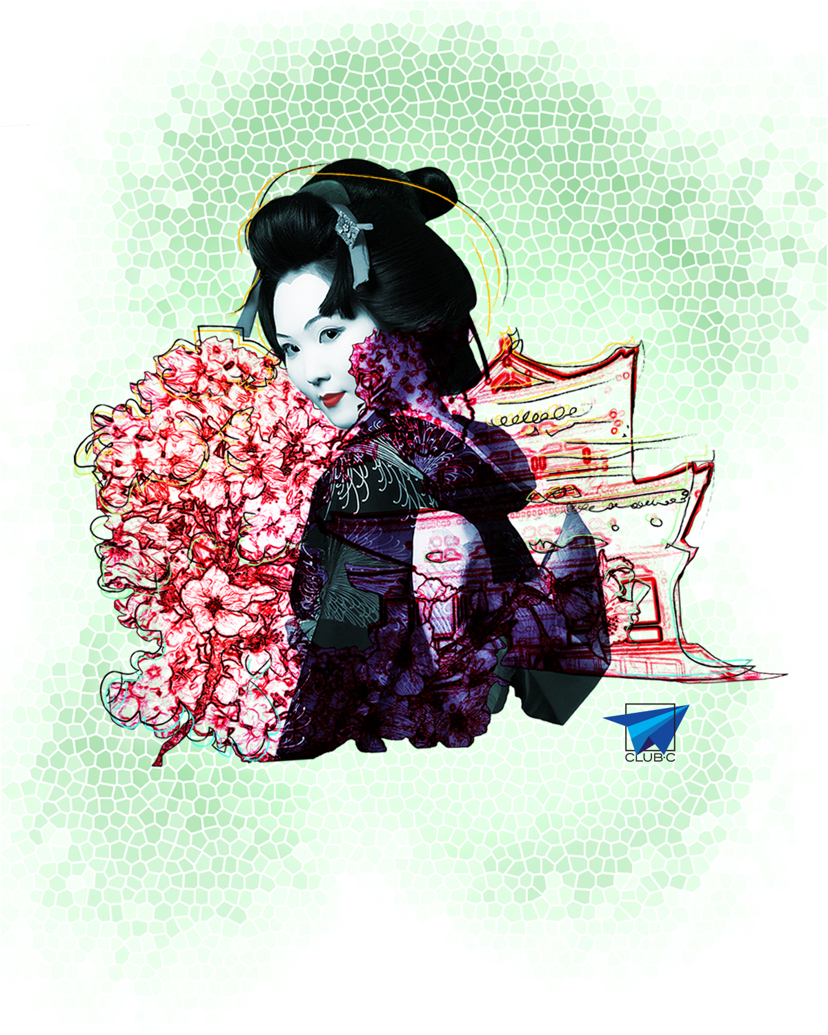 A stylized digital illustration of a traditional Japanese woman with a modern artistic overlay, surrounded by pink flowers and architectural elements, set against a light green, textured background.