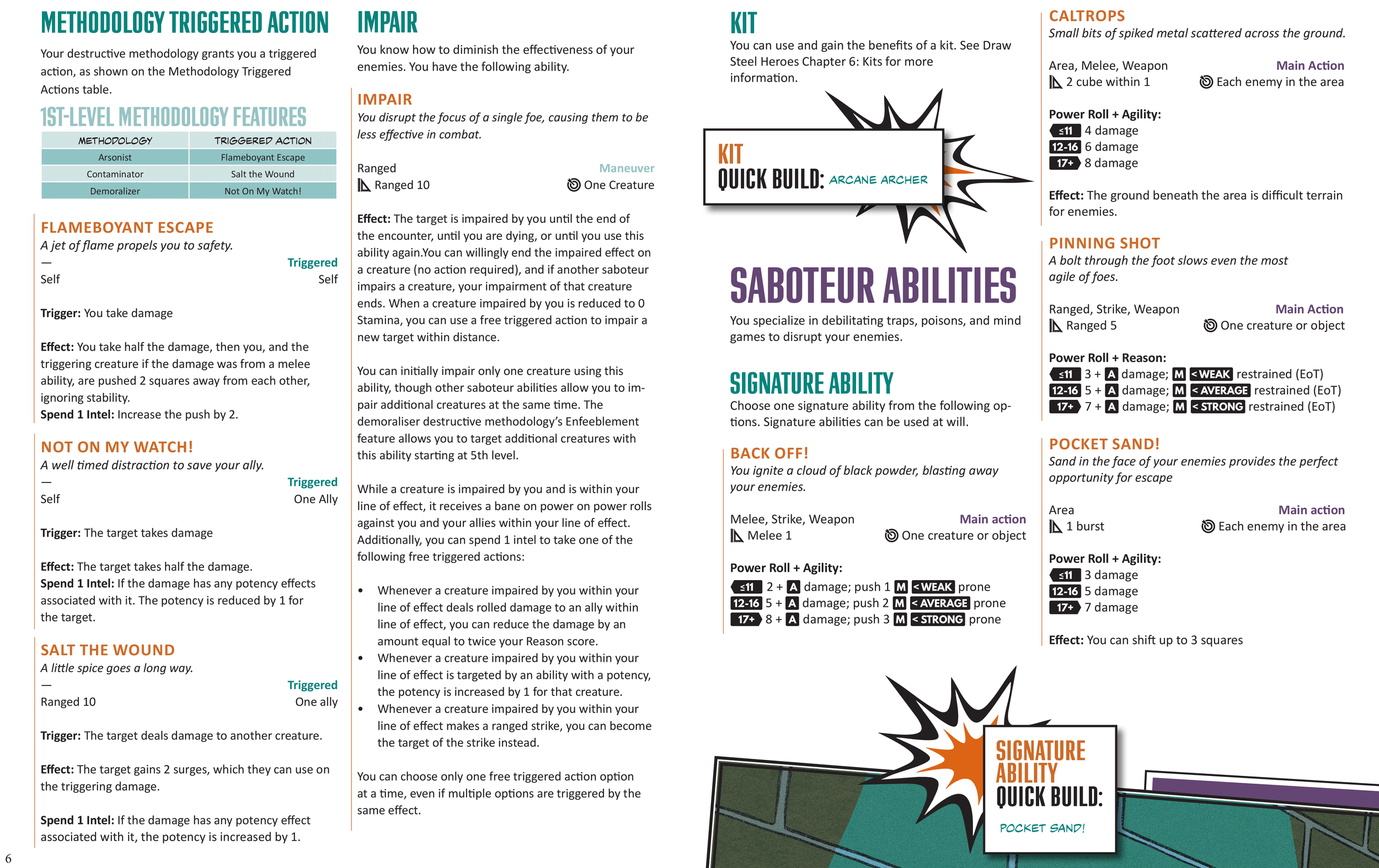 A detailed diagram of a tabletop role-playing game rulebook or guide, showing sections on methodology triggered action, impair, kit, saboteur abilities, and various combat techniques like flameboyant escape, not on my watch, caltrops, pinning shot, b