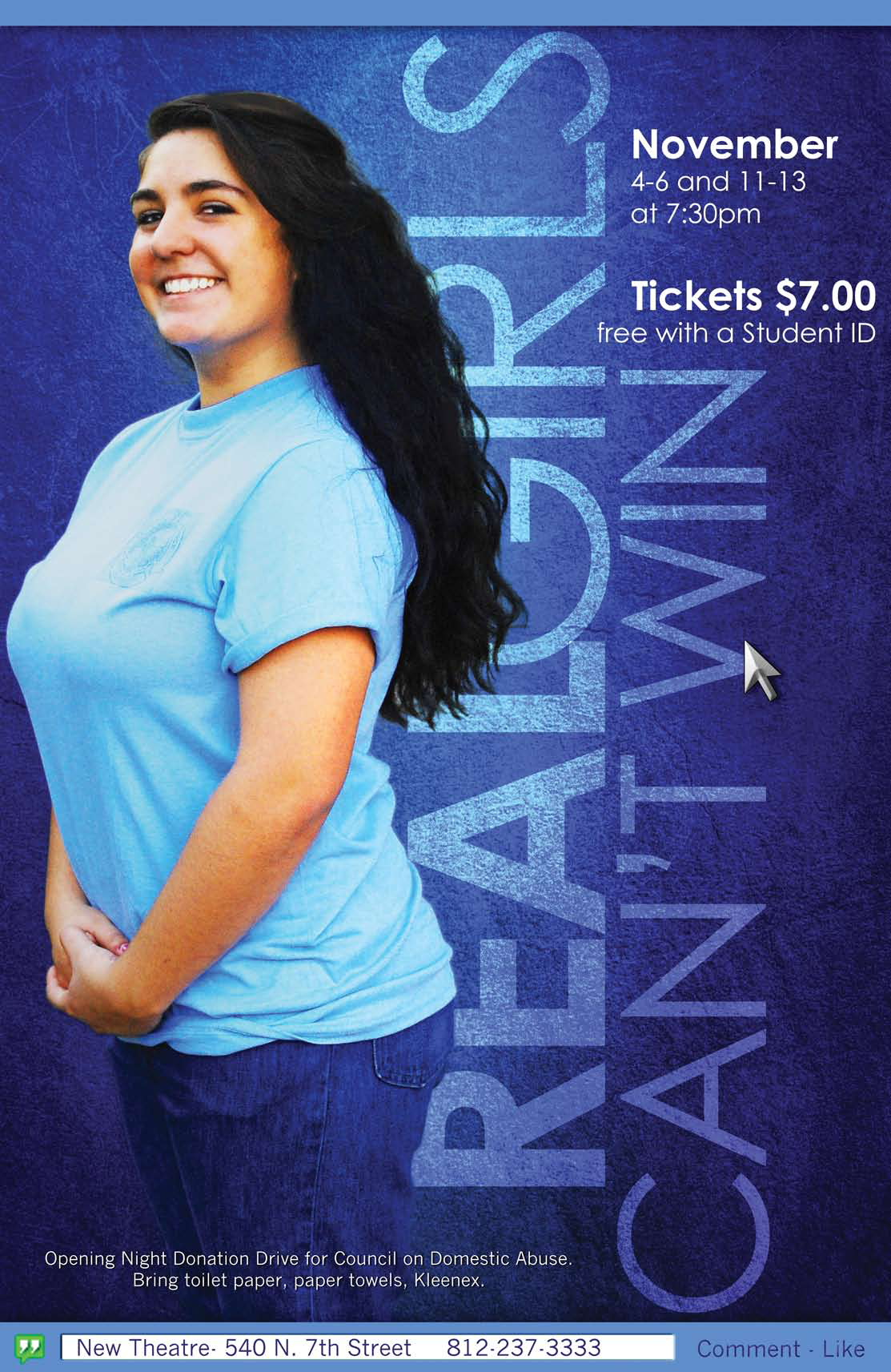 A young woman with long dark hair smiling, wearing a light blue t-shirt, standing in front of a blue textured background with event information overlayed.