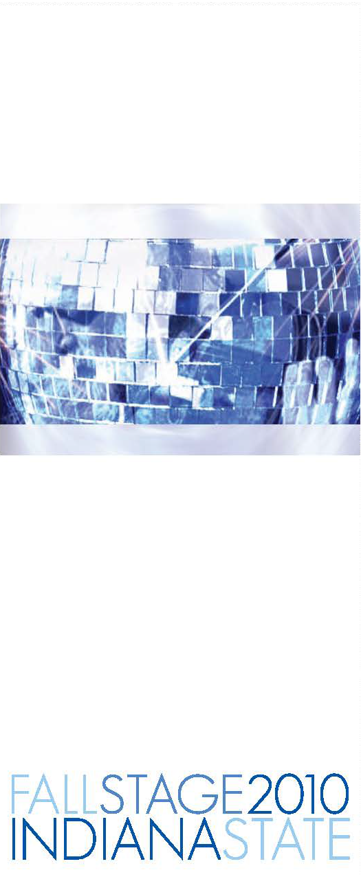 Promotional graphic for Indiana State University Fall Stage 2010 event, featuring a mirrored, mosaic-like globe and blue text.