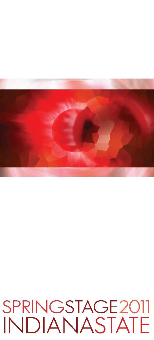 Graphic design with a red, abstract, and pixelated background featuring a large red circle, overlaid with the text "Spring Stage 2011 Indiana State" in red capital letters.