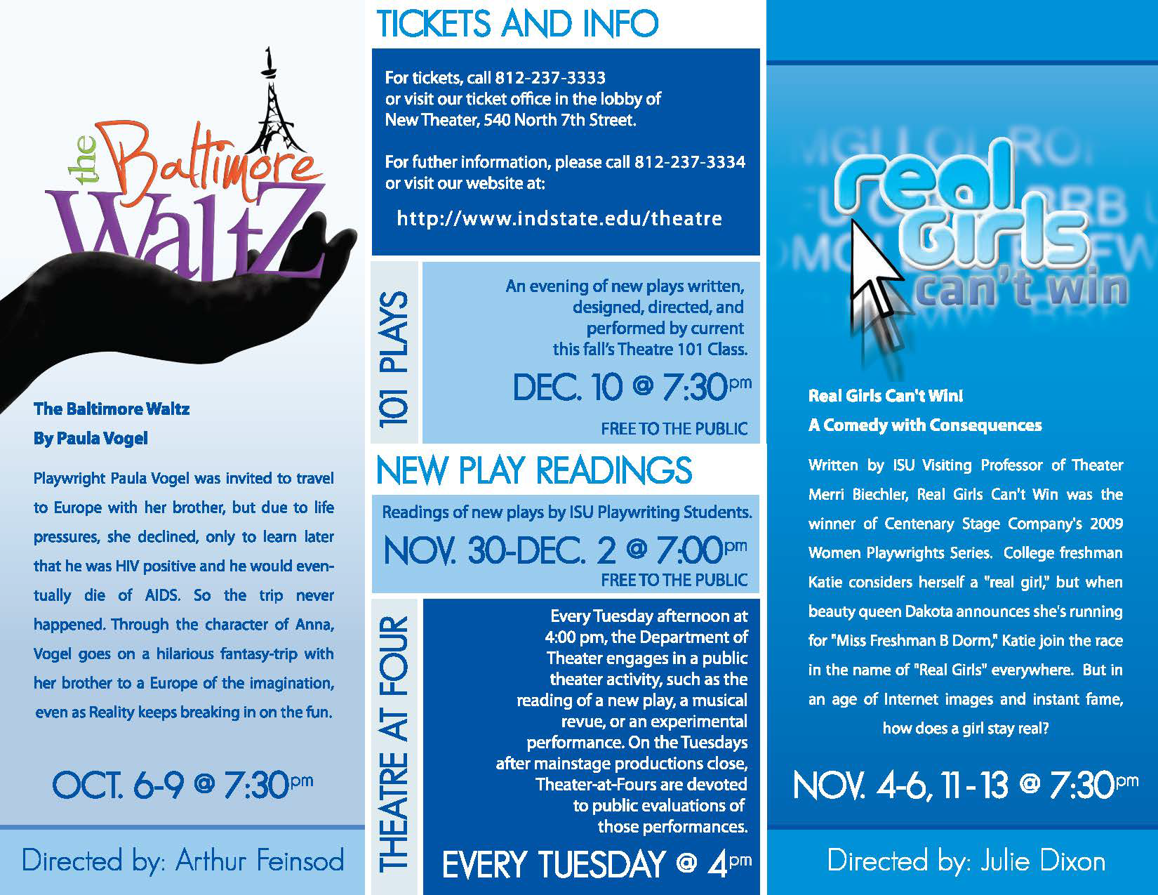 A theatre program for the Baltimore Waltz and Real Girls Can't Win, with scheduling information, directors' names, and a brief synopsis of each play. The program features graphics including a hand holding the word ‘Waltz’ with the Eiffel Tower in the