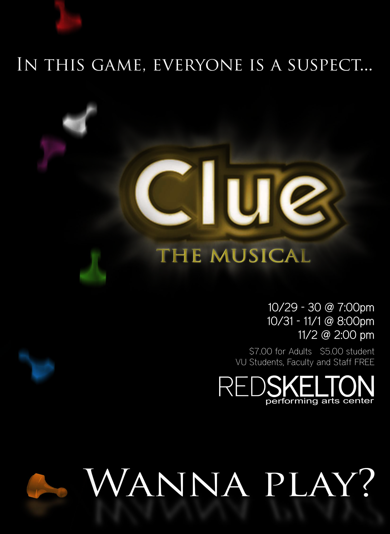 Promotional poster for 'Clue: The Musical' at Red Skelton Performing Arts Center with show dates, times, ticket prices, and colorful game pieces from Clue board game.