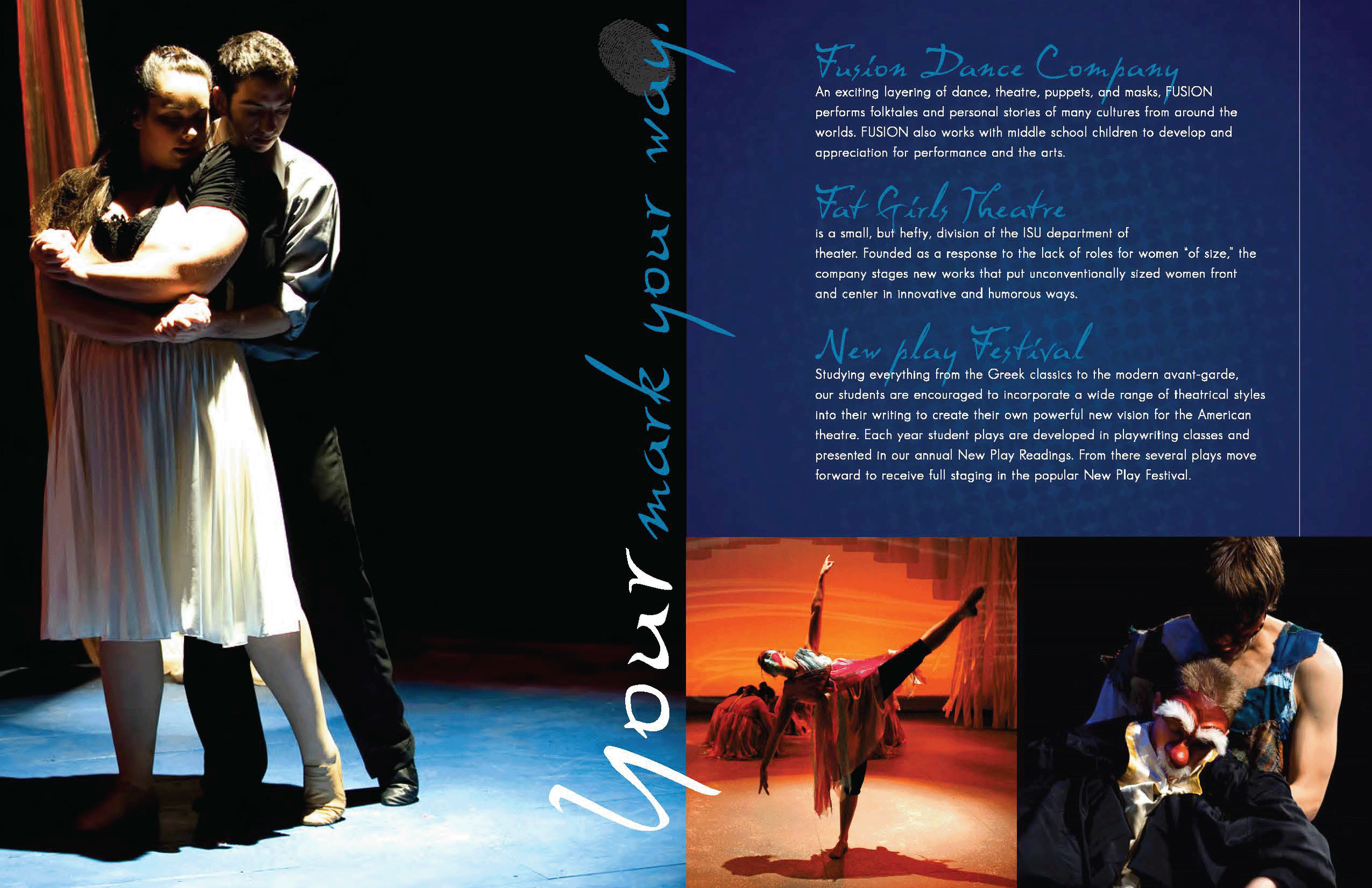 Brochure page featuring three photos of theater and dance performances with blue and black background and white and blue text describing the dance and theater groups.