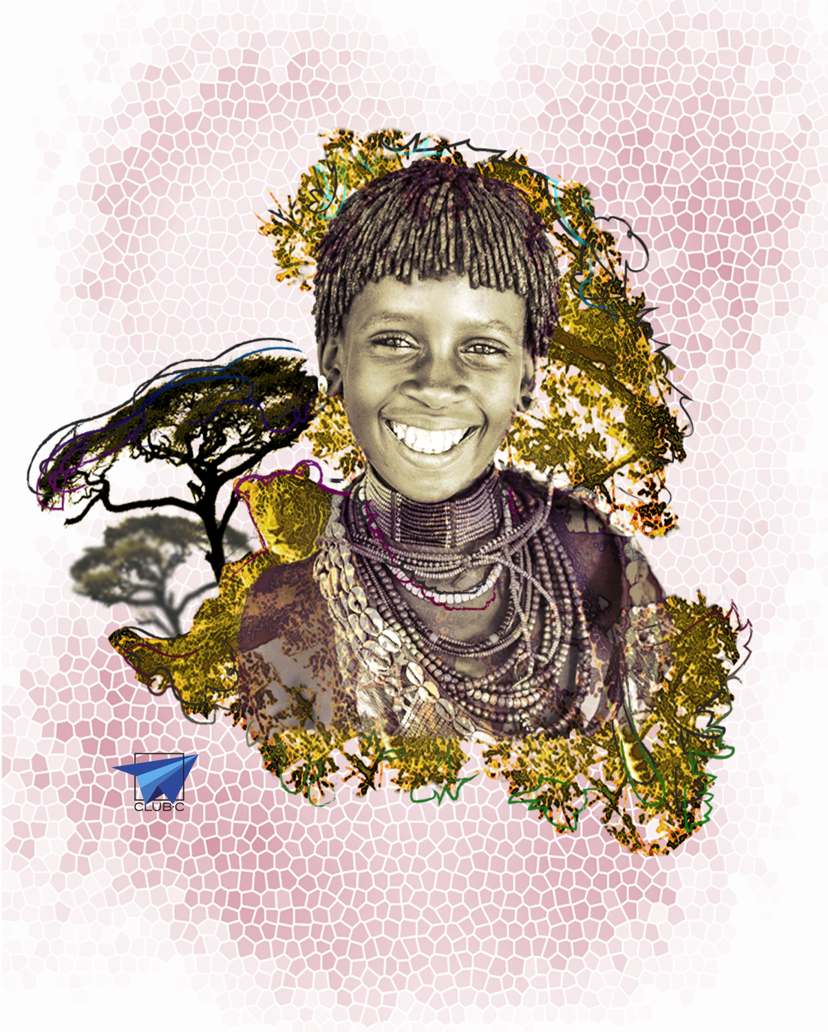 A smiling young African girl dressed in traditional attire with African necklaces, with artistic tree illustrations and a pink mosaic background.