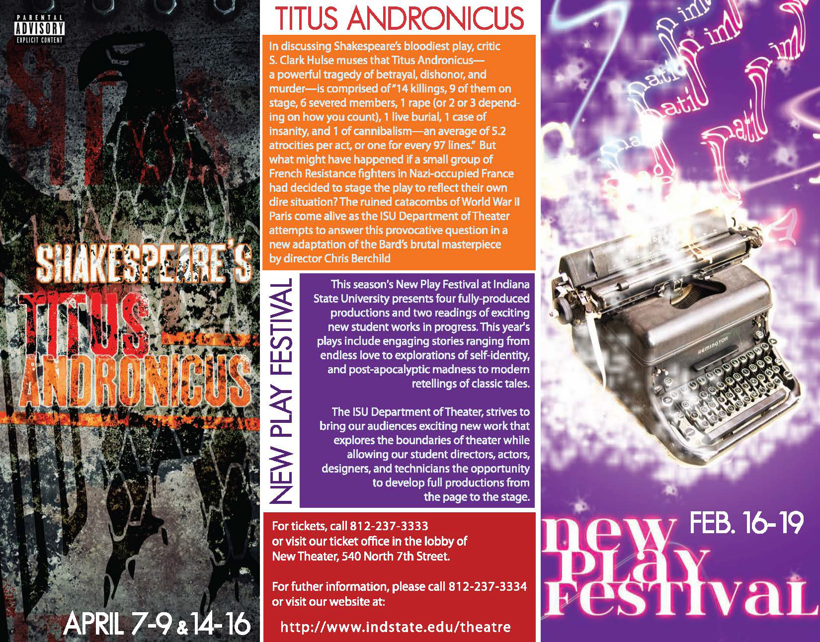 Brochure for a Shakespeare play titled "Titus Andronicus," featuring a black background with chaotic red and white text and artwork. Includes an image of a vintage typewriter on the right side, with purple and pink text for the festival details and d