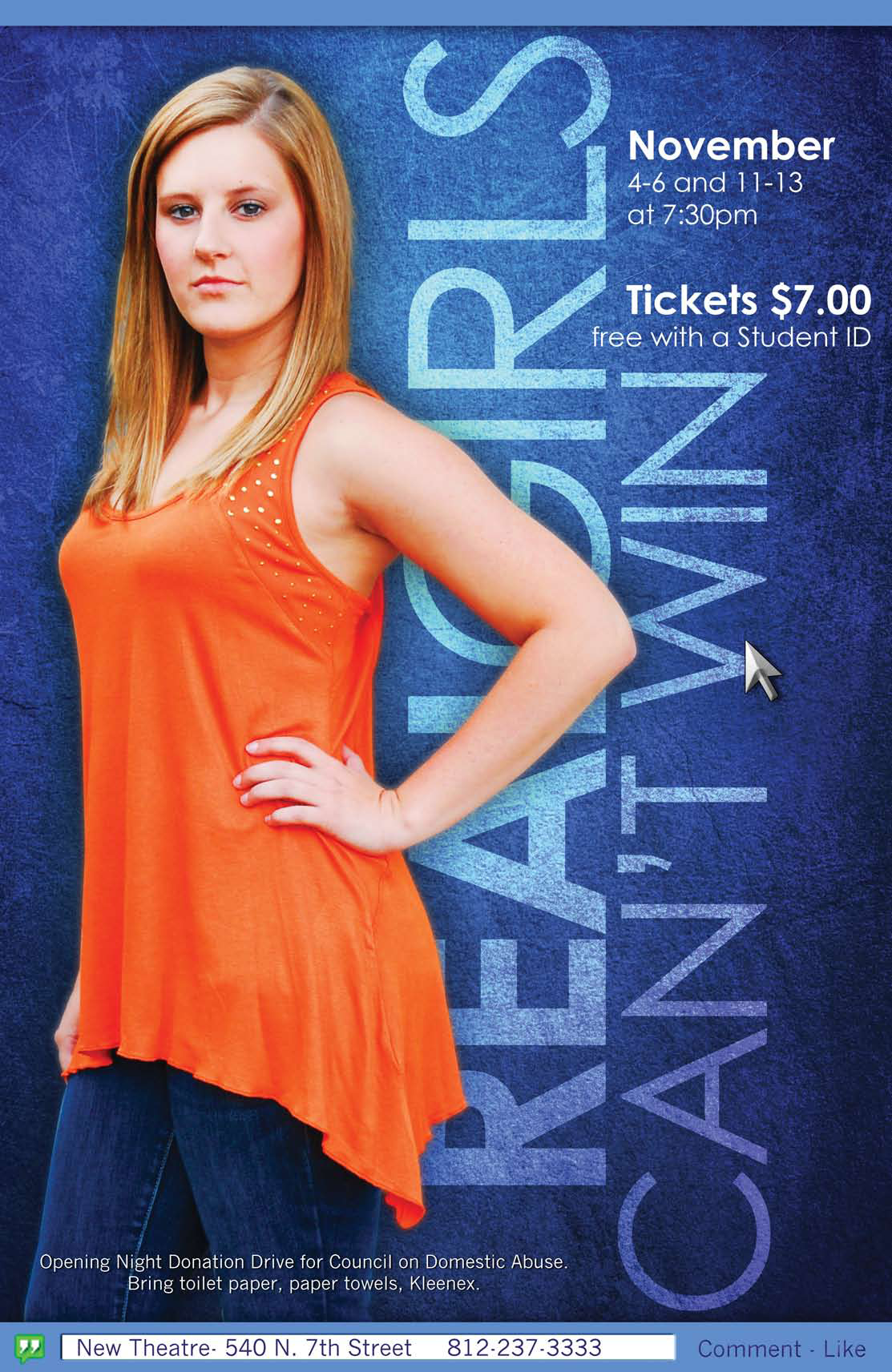 Poster advertising a classroom performance event with a young woman in an orange top. Event details include dates November 4-6 and 11-13 at 7:30 pm, tickets $7.00, free with student ID. Location: New Theatre, 540 N. 7th Street, phone 812-237-3333.