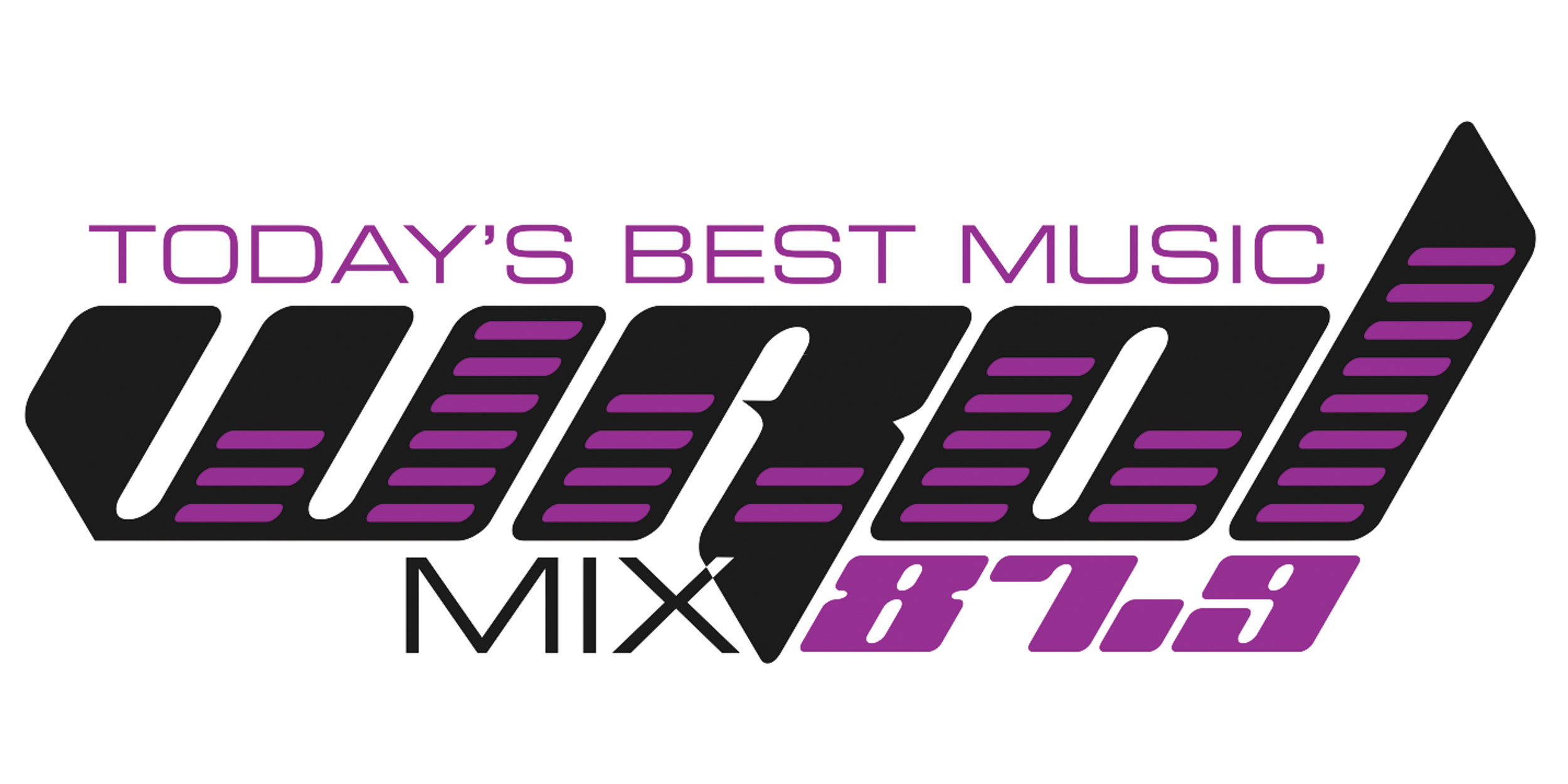 Logo for a radio station with the words "Today's Best Music" and station name "Mix 87.5" in stylized black and purple fonts.
