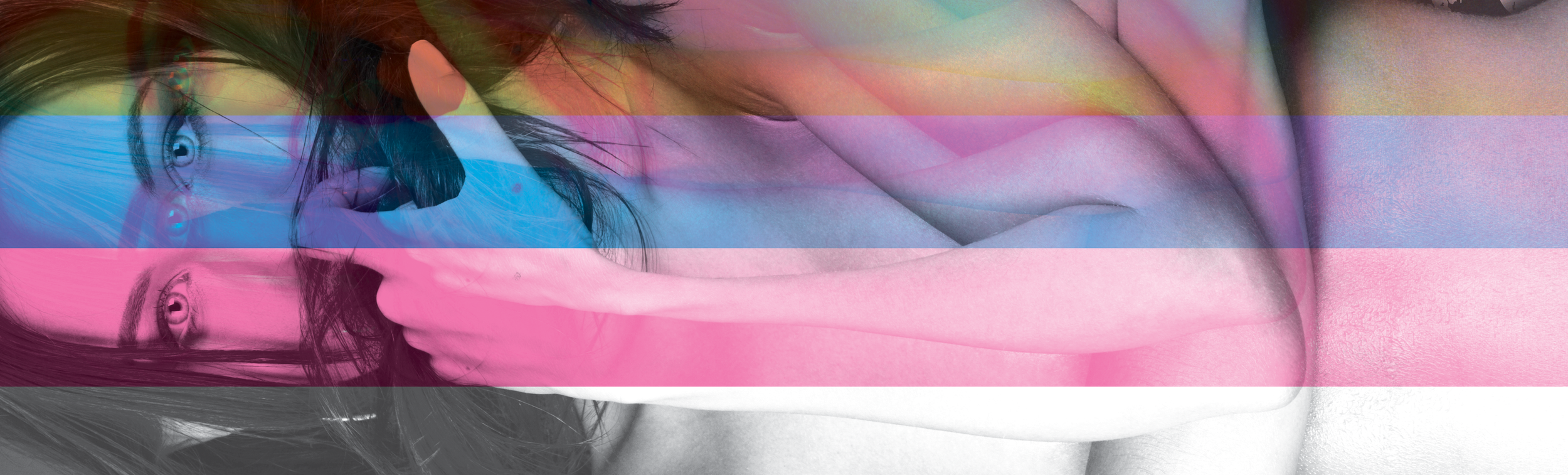 A woman with dark hair covering her face, lying on her side, with colorful horizontal lines overlaying the image.