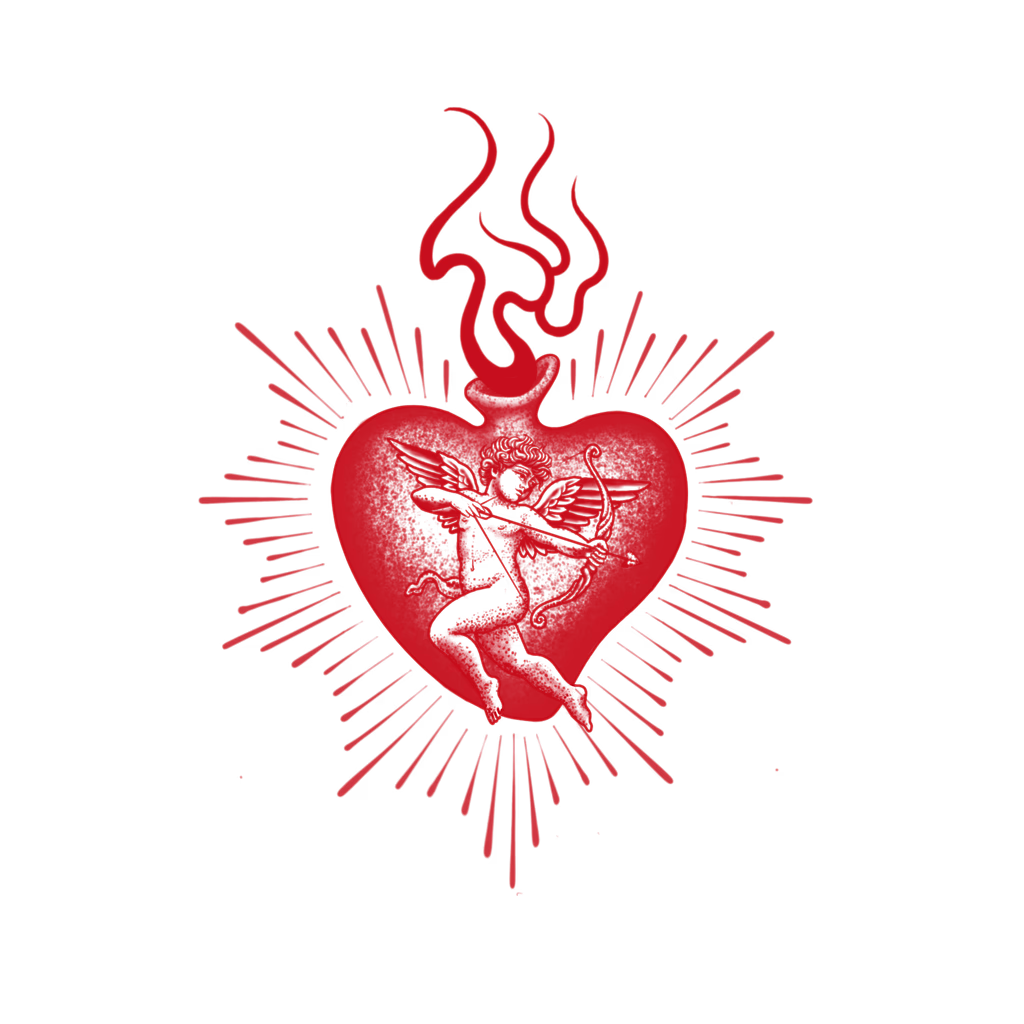 A red anatomical heart with steam rising from the top, surrounded by radiating lines, against a black background.