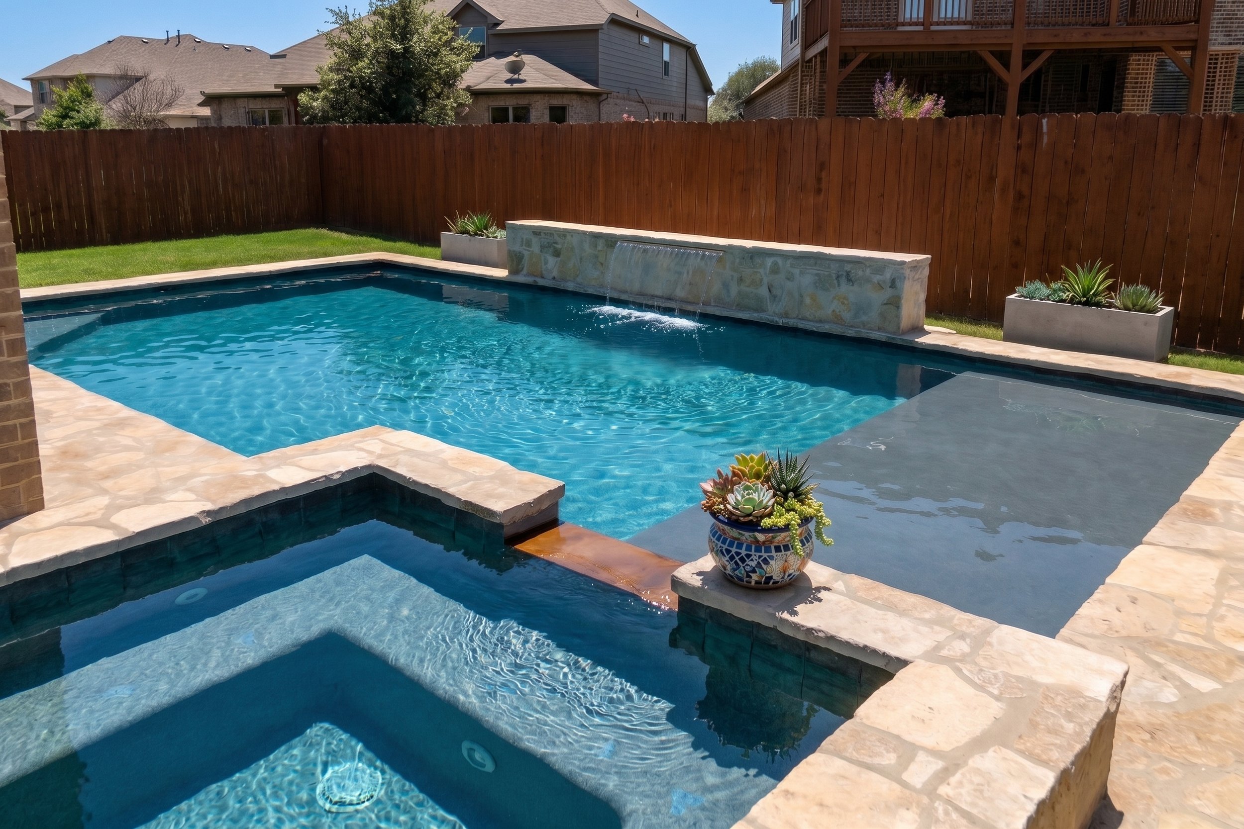 Backyard swimming pool with a hot tub, stone and brick patio, wooden fence, and neighboring houses in the background.