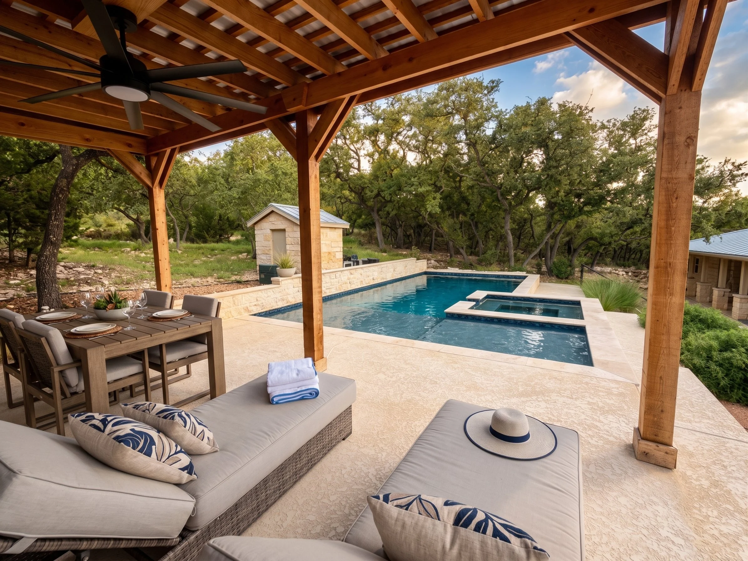 Outdoor patio area with a wooden pergola, concrete steps, and a small pool or hot tub surrounded by landscaped gravel and plants, with trees in the background.