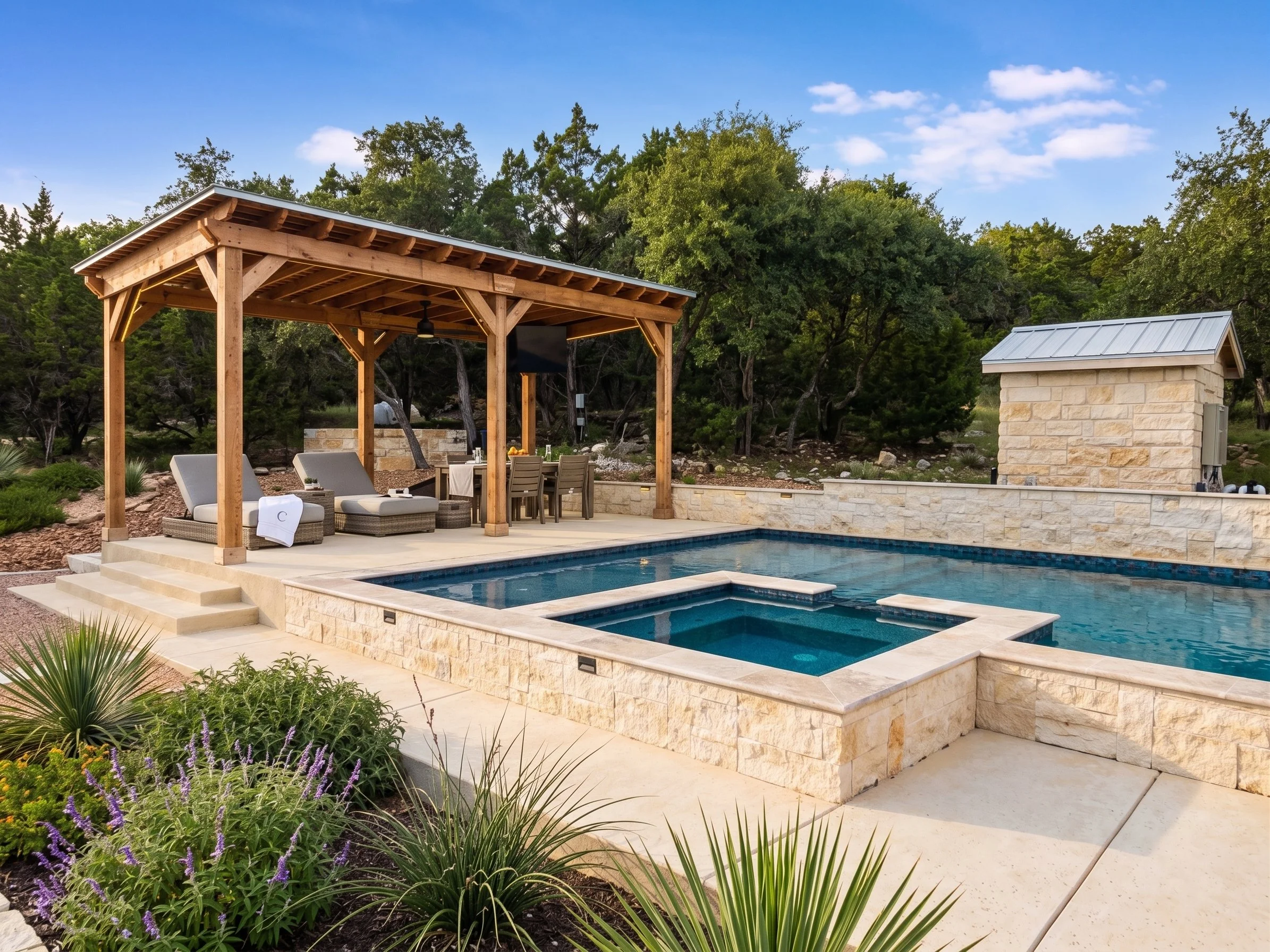An outdoor swimming pool with a stone border, a wooden pergola, and a small stone building against a backdrop of trees and a clear blue sky.