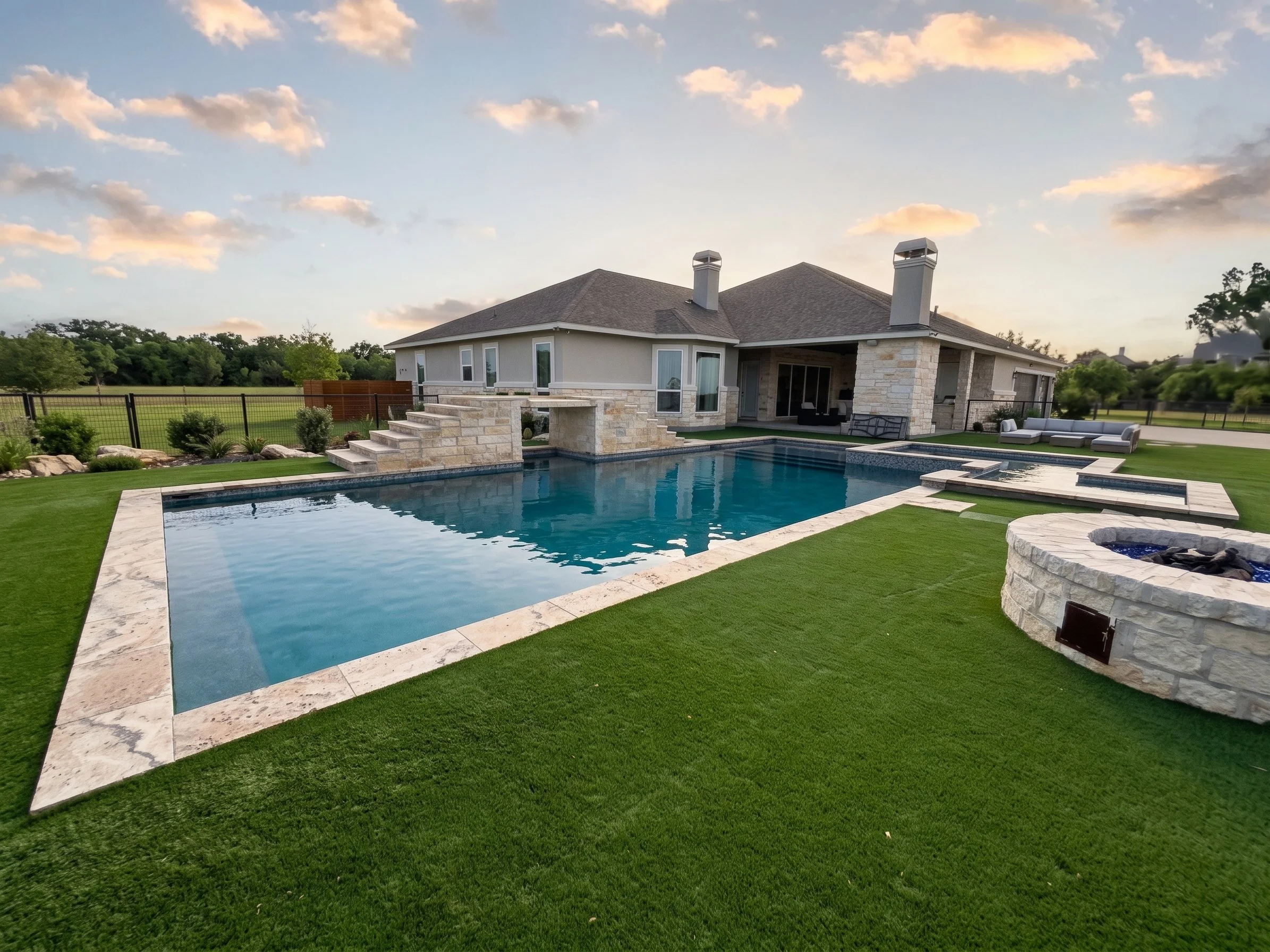 View of a modern backyard with a swimming pool, hot tub, fire pit, and a house in the background during daytime with partly cloudy sky.