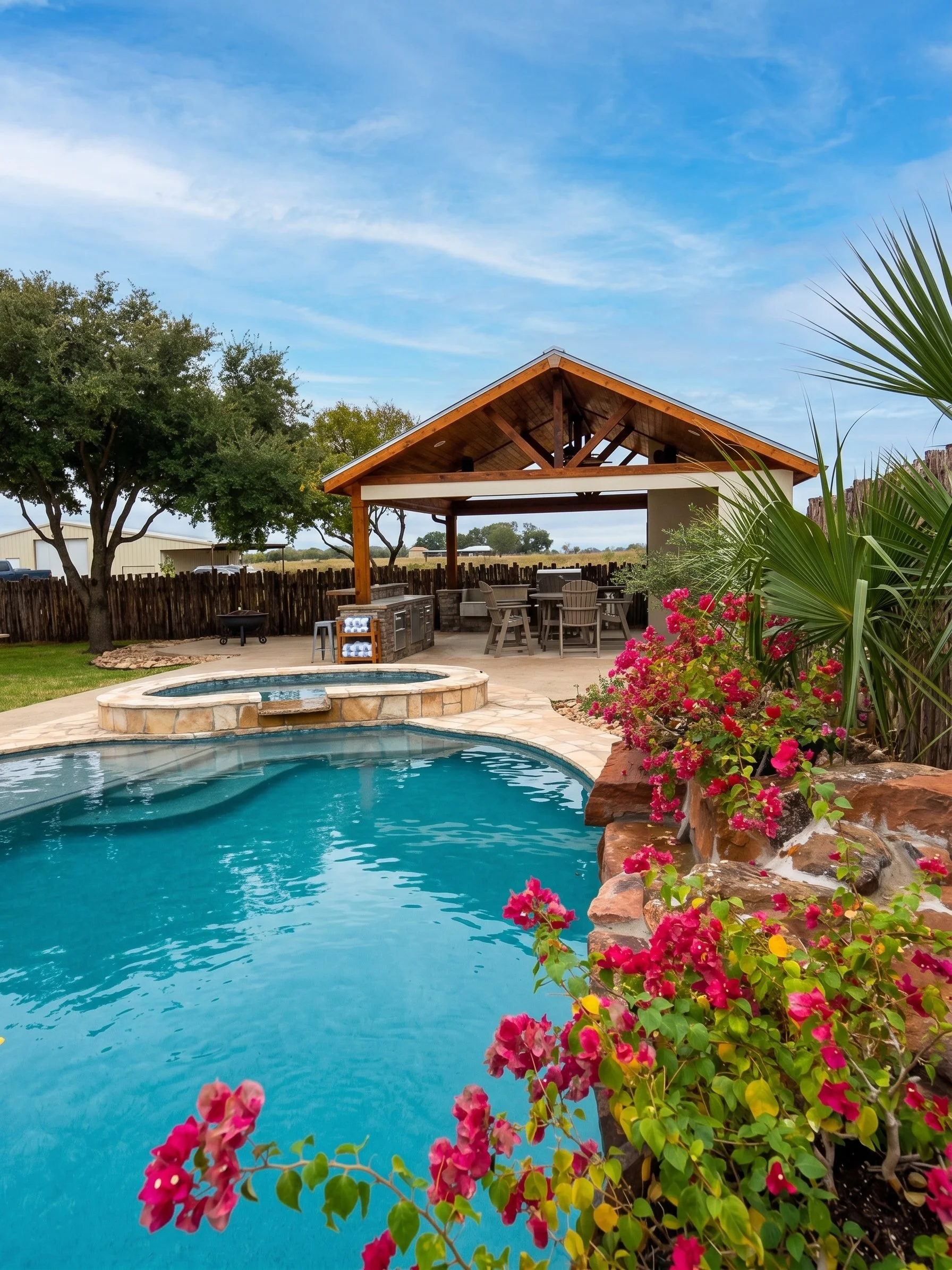 An outdoor backyard with a swimming pool, hot tub, and patio area under a cloudy sky, surrounded by trees, plants, and flowers.
