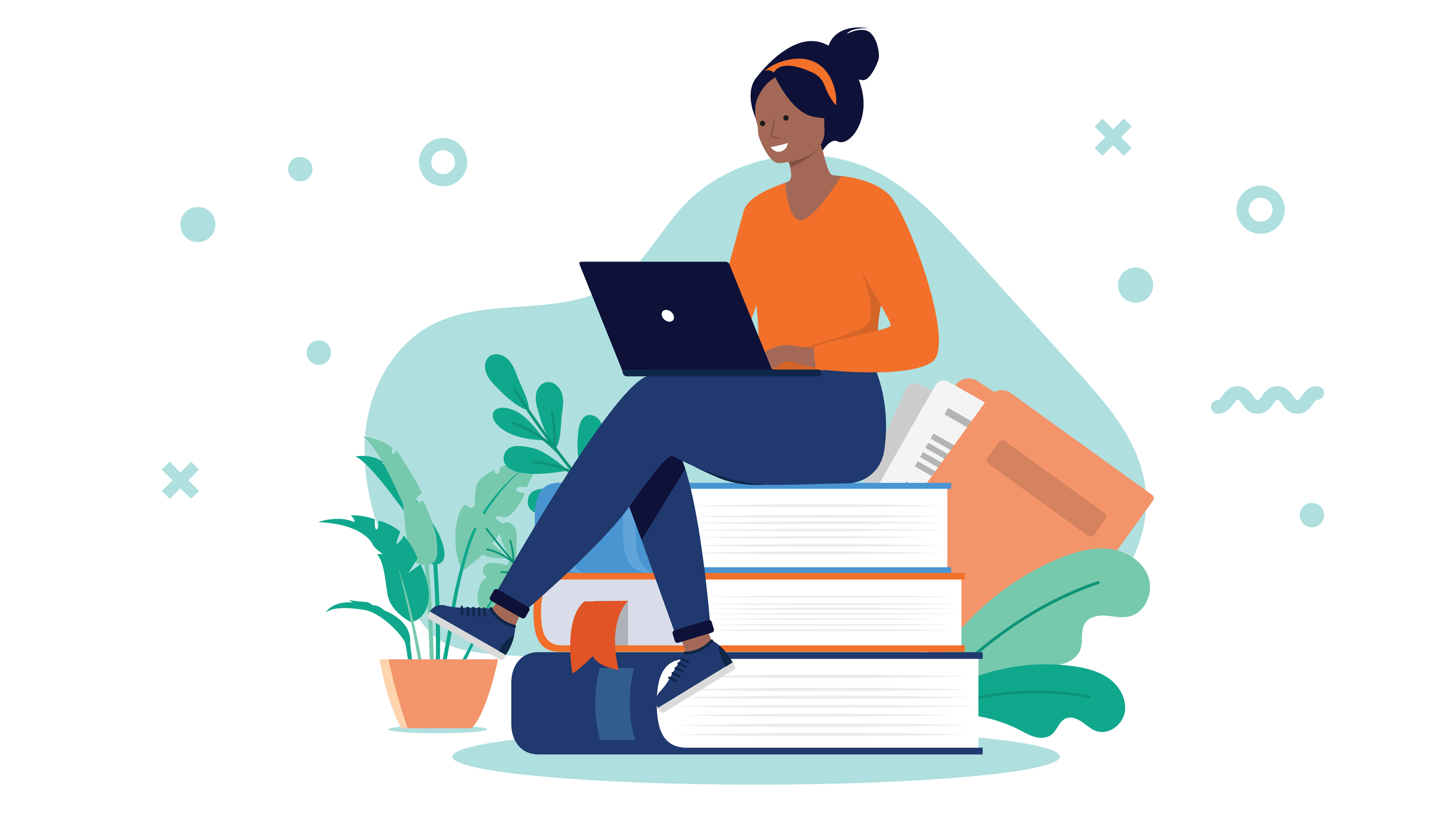 Lady building skills on top of subject books