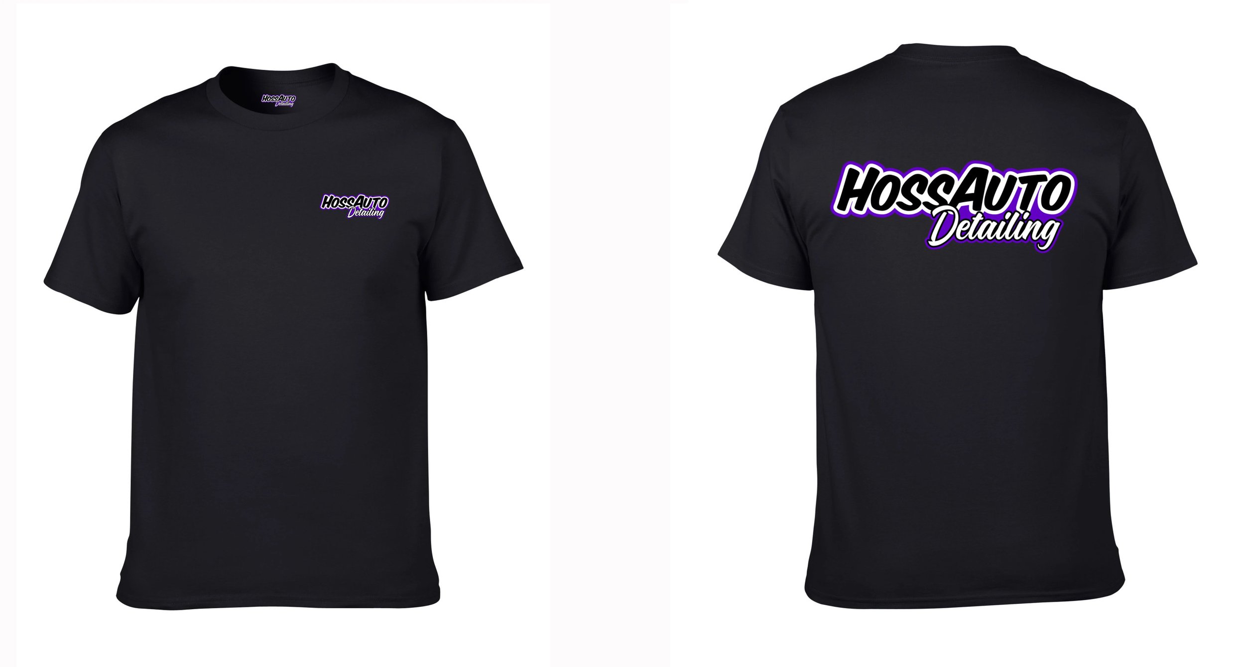 Black T-shirt with 'HOSS AUTO Detailing' logo in purple and white on the front left chest and large logo on the back.