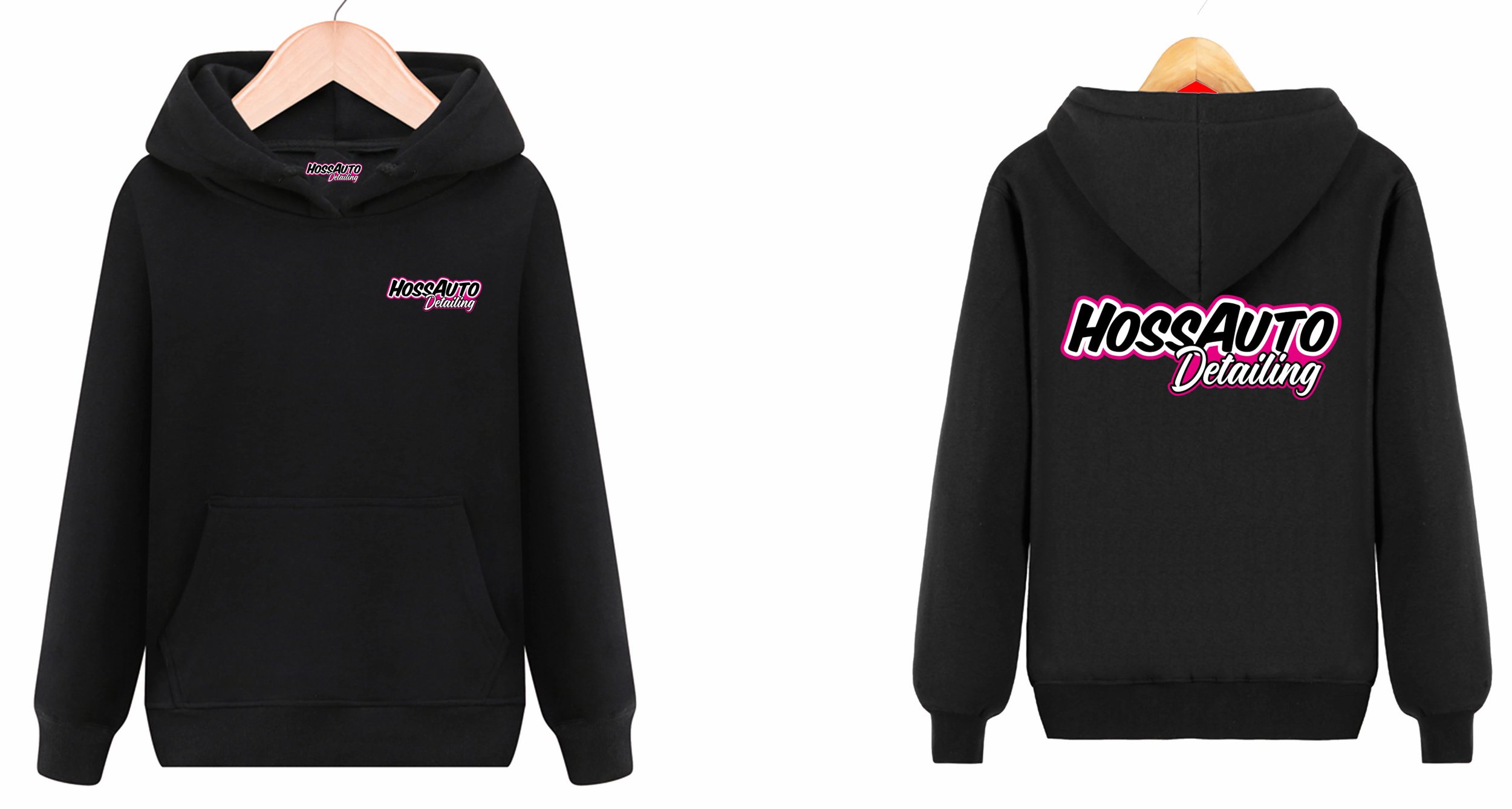 Black hoodie with pink and white text that says 'HOSSAUTO Detailing' on the front and back, displayed on wooden hangers.
