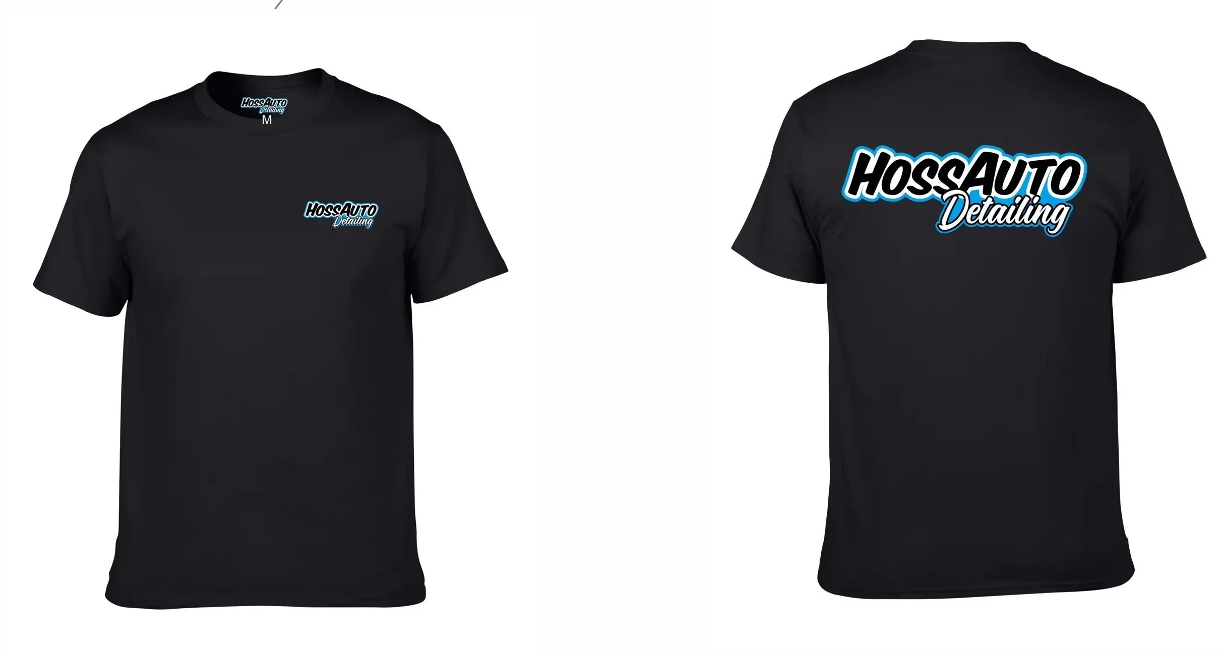 Black T-shirts with 'Hossauto Detailing' logo, front and back views.