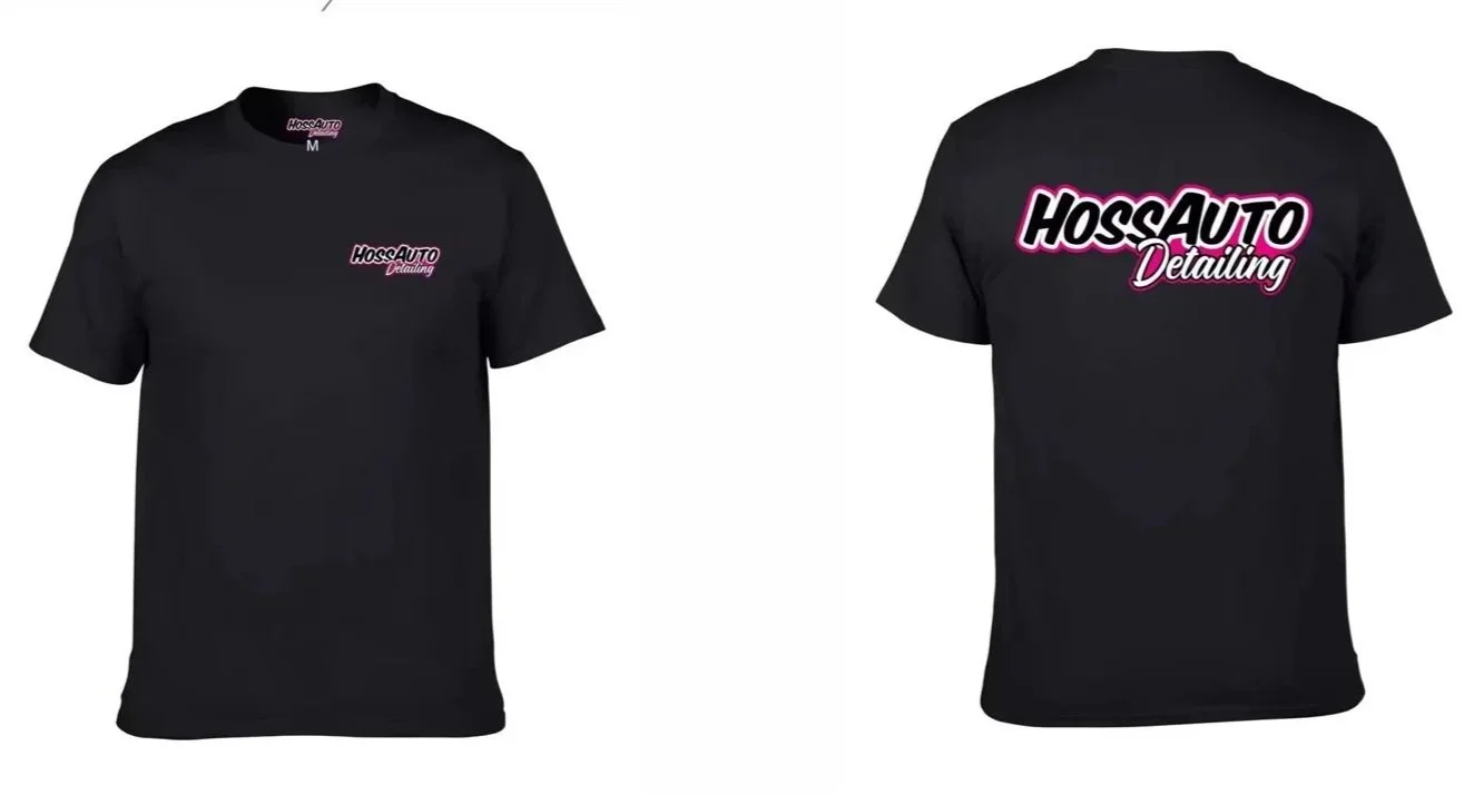 Black T-shirt with 'Hoss Auto Detailing' logo on the front and back in pink and white lettering.