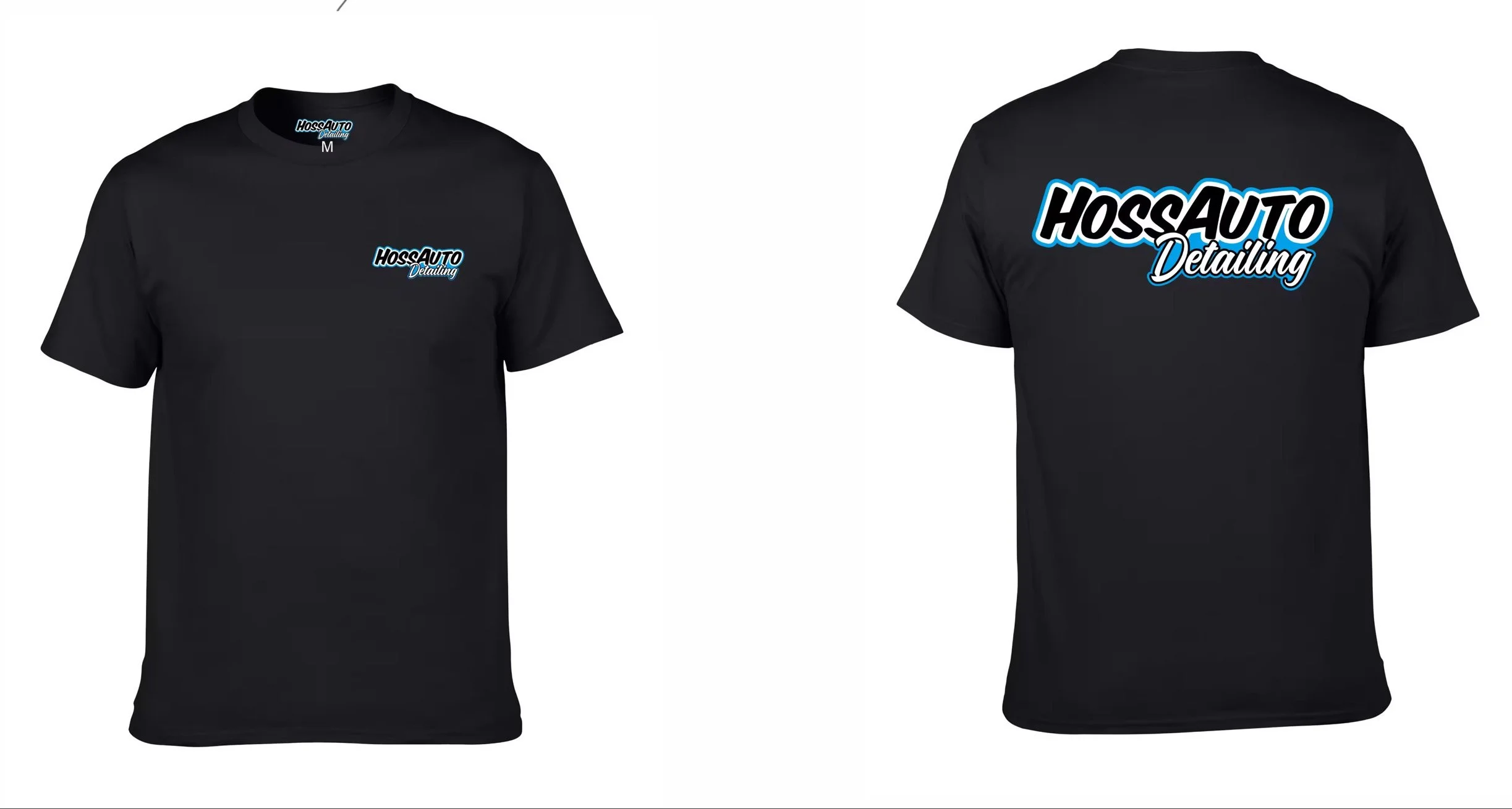 Black t-shirt with blue and white logo reading 'HossAuto Detailing' on front and back.