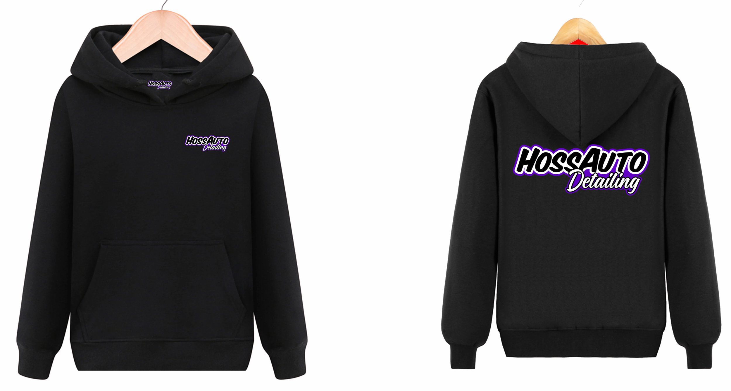 Black hoodie with purple and white 'HossAuto Detailing' logo on the front and back, hanging on a wooden hanger.