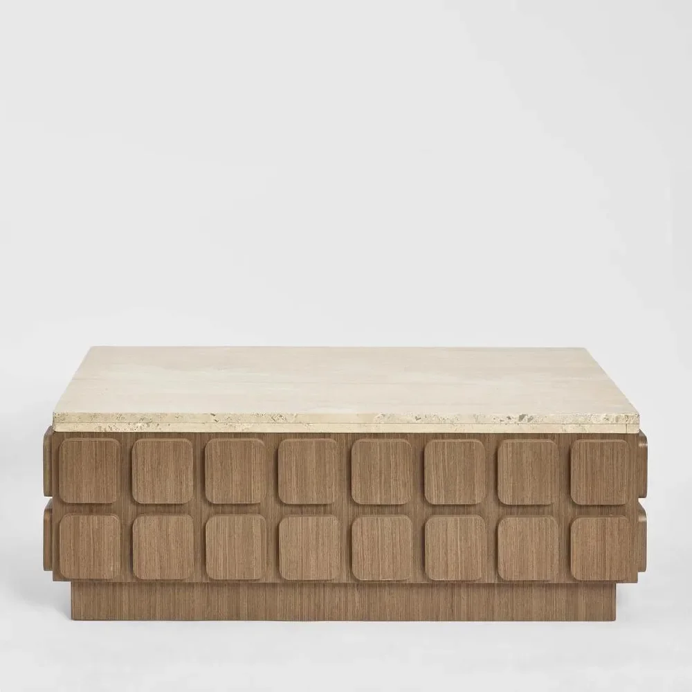 Travertine and Walnut Coffee Table
