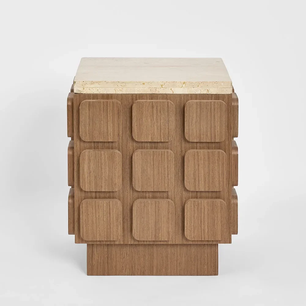 Travertine and Walnut Side Table