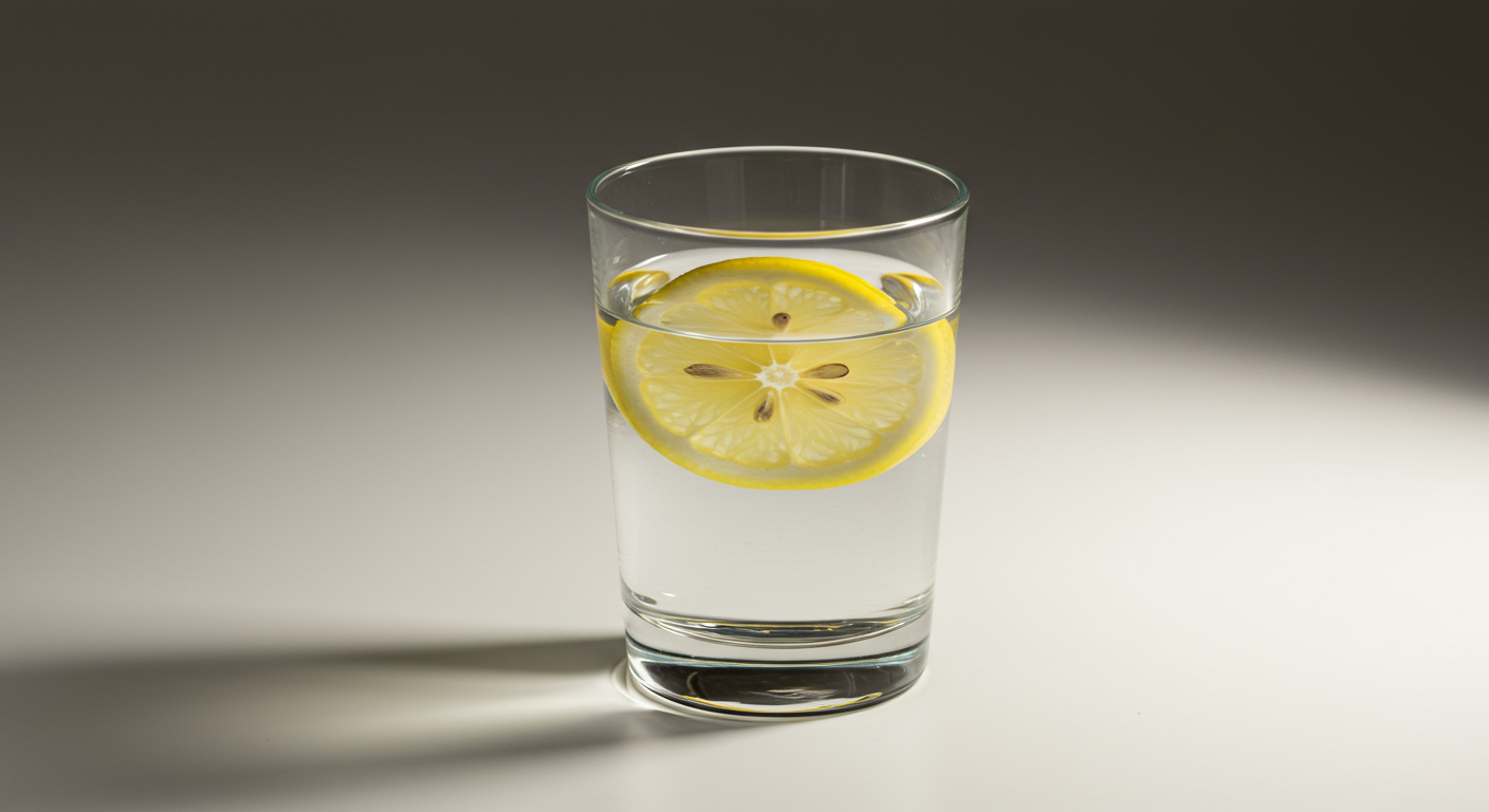 A transparent glass of water with lemon slices on a white surface, with shadows to the left and a gradient background.