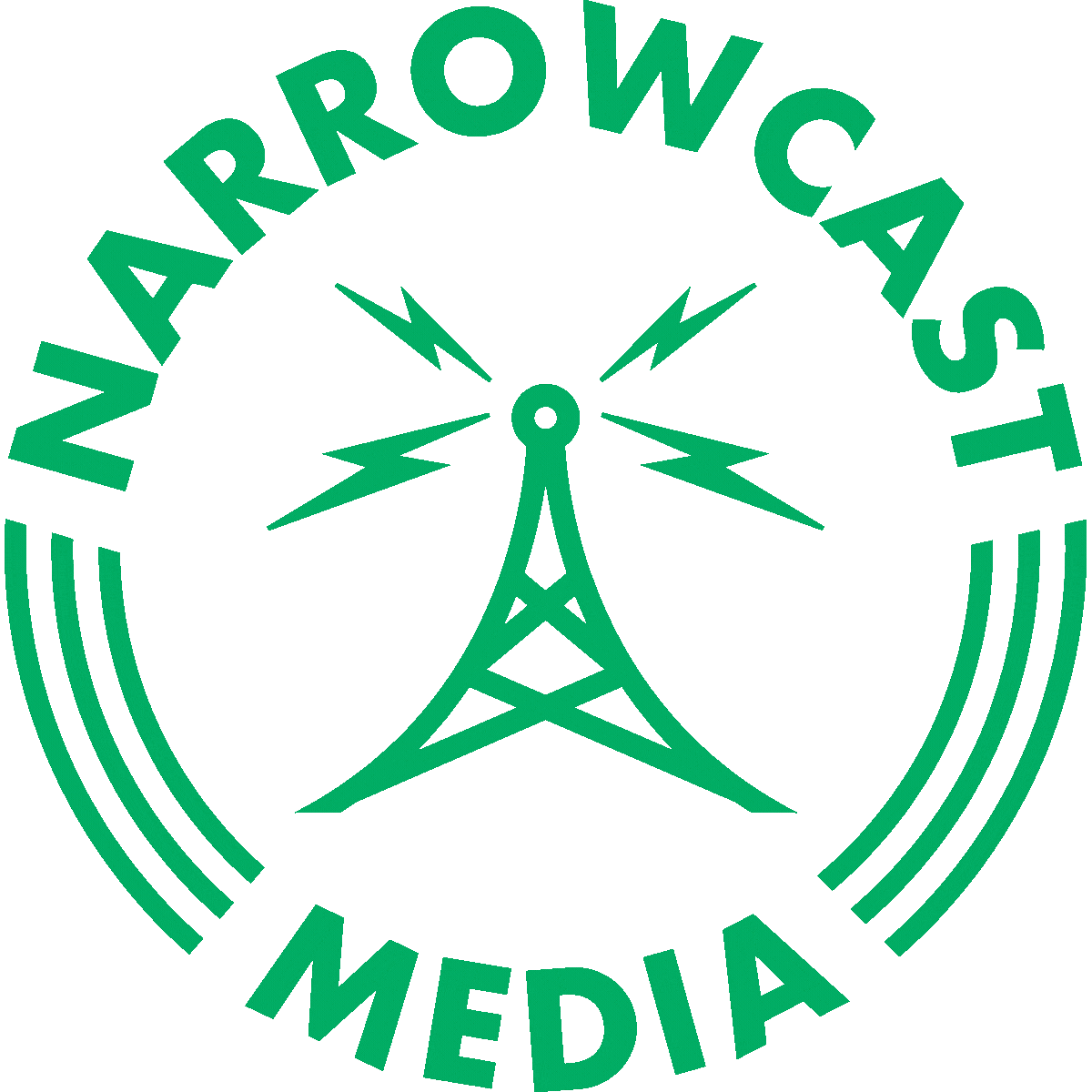 Logo of Warlowcast Media featuring a green radio tower with lightning bolts and the text 'Narrowcast Media."