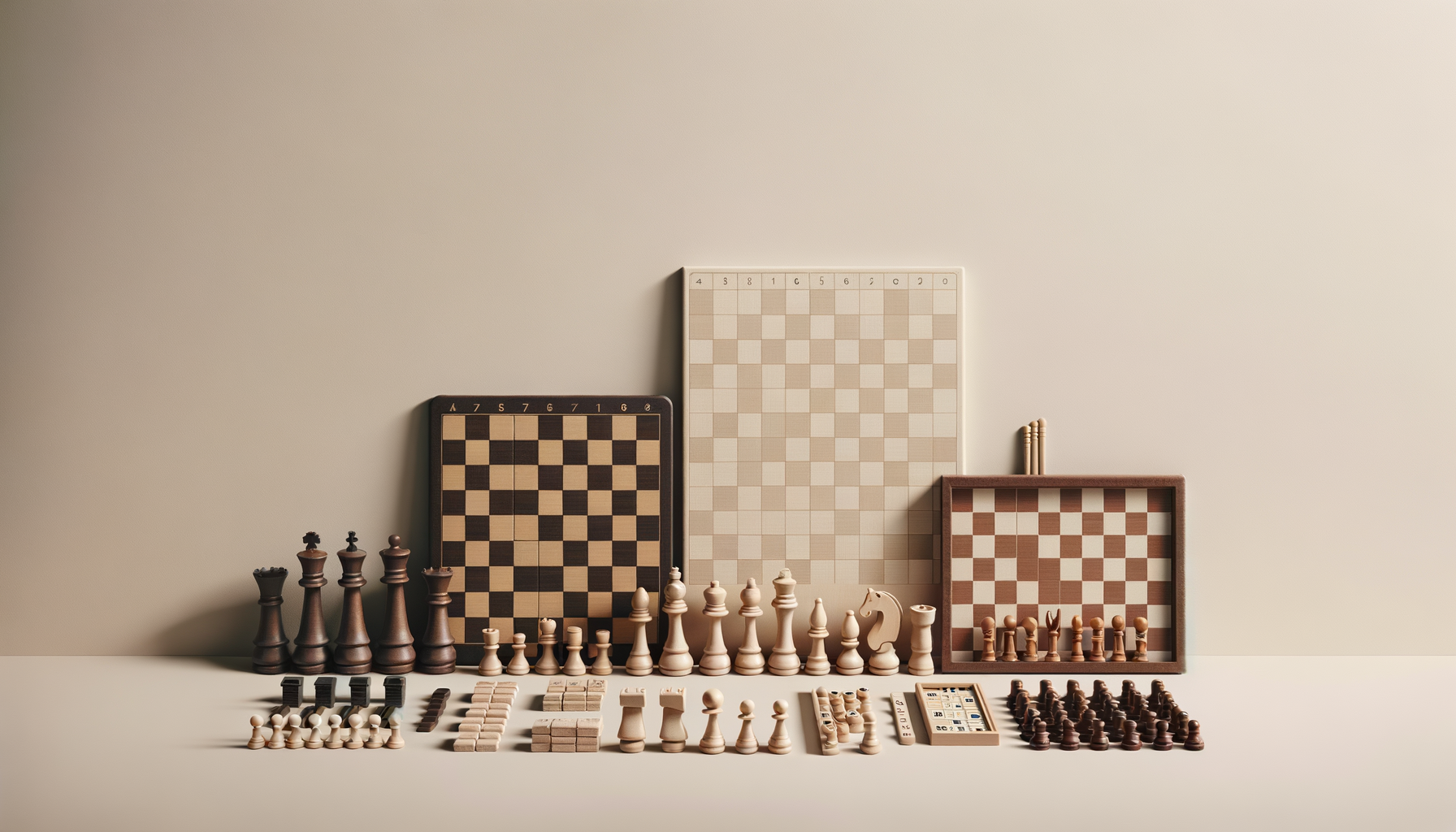 Various chess pieces, boards, and game accessories arranged on a white surface against a plain beige wall.