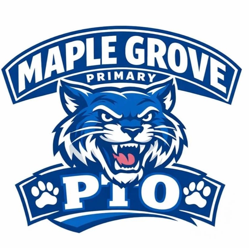 Logo for Maple Grove Primary with a fierce blue cougar head and paw prints.