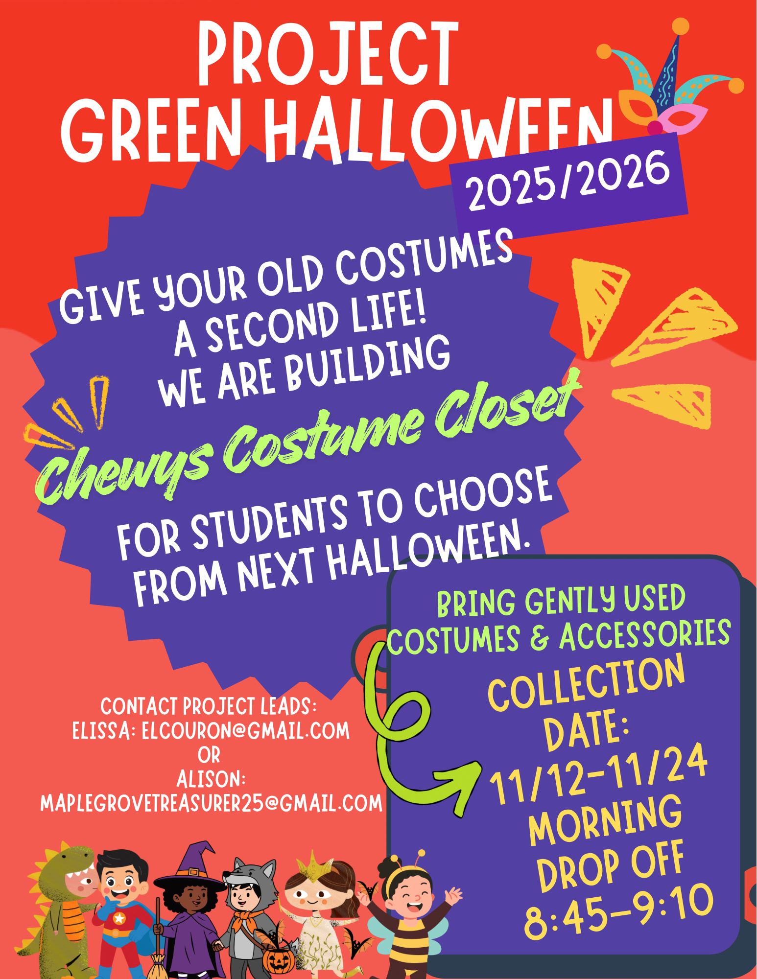 Colorful Halloween event poster with text about costume collection and a row of children in costumes at the bottom.