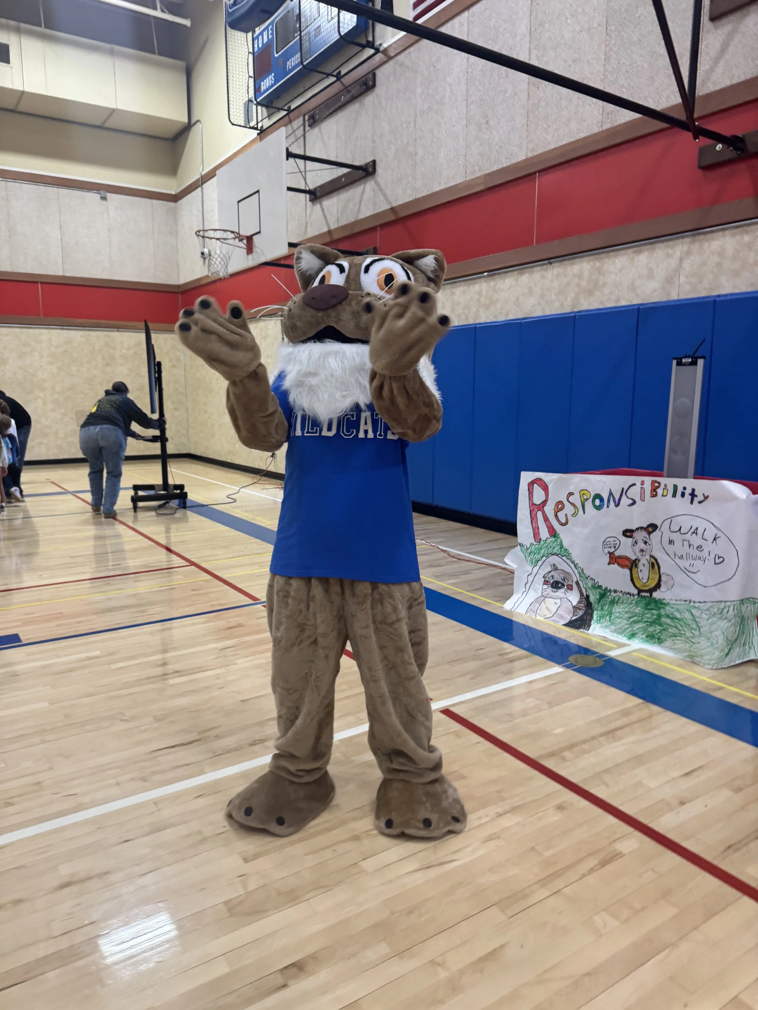 A person in a wildcat mascot costume standing in a gymnasium, wearing a blue shirt with the word 'WILDCATS' on it, with a support poster visible in the background.