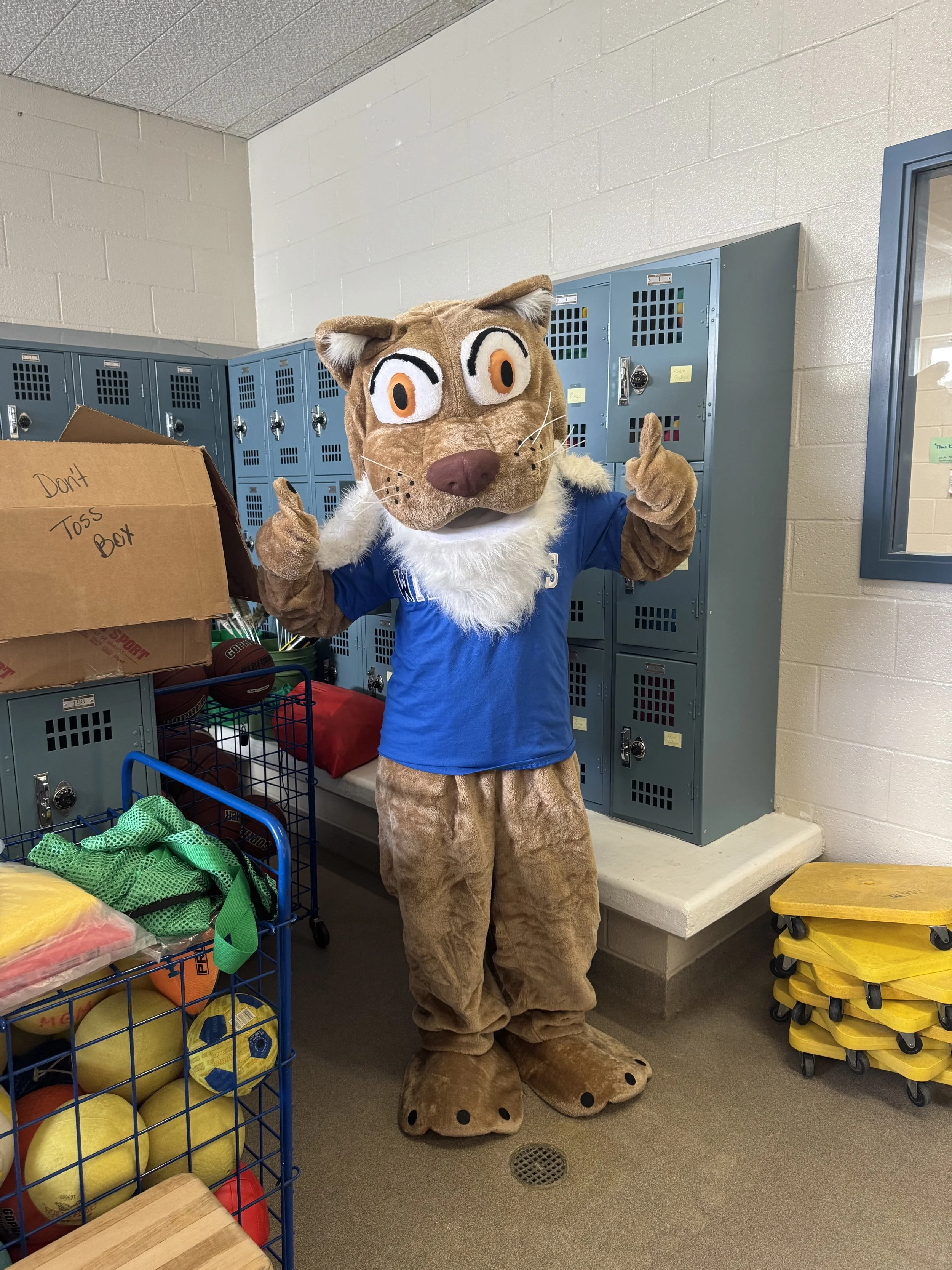 A person in a lion mascot costume wearing a blue sports shirt, standing in a room with blue lockers, giving a thumbs up.