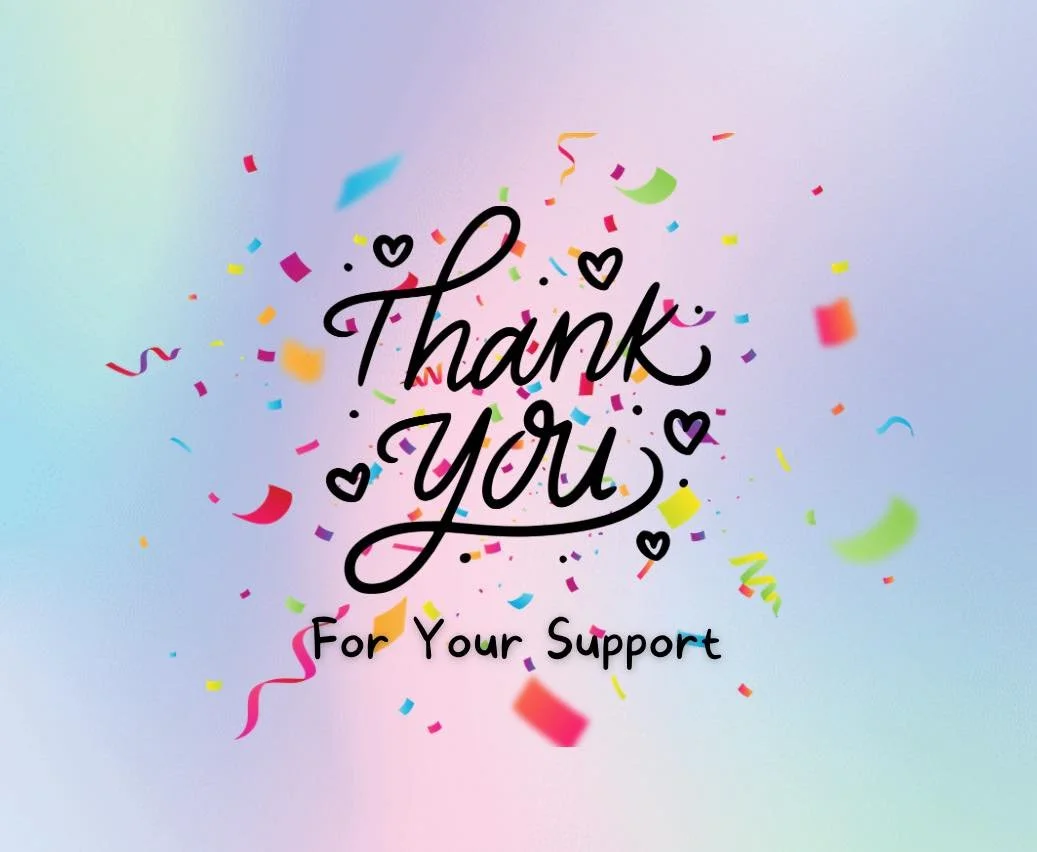 Thank you message with colorful confetti and hearts on a gradient background.
