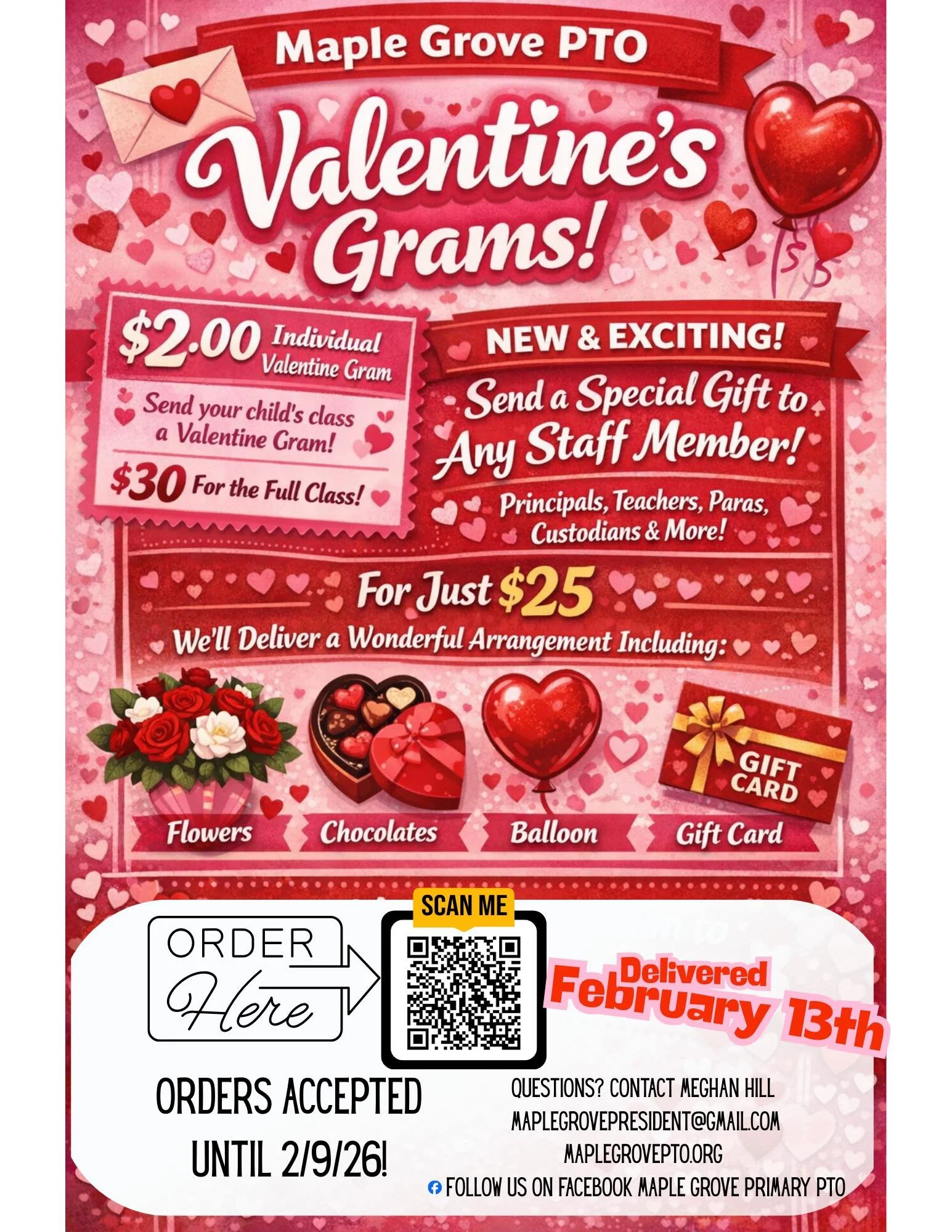 Valentine's Day flyer from Maple Grove PTO featuring Valentine's grams for $2 each or $30 for a full class, including options for flowers, chocolates, balloons, and gift cards, with a QR code for ordering and message about delivery on February 13th.