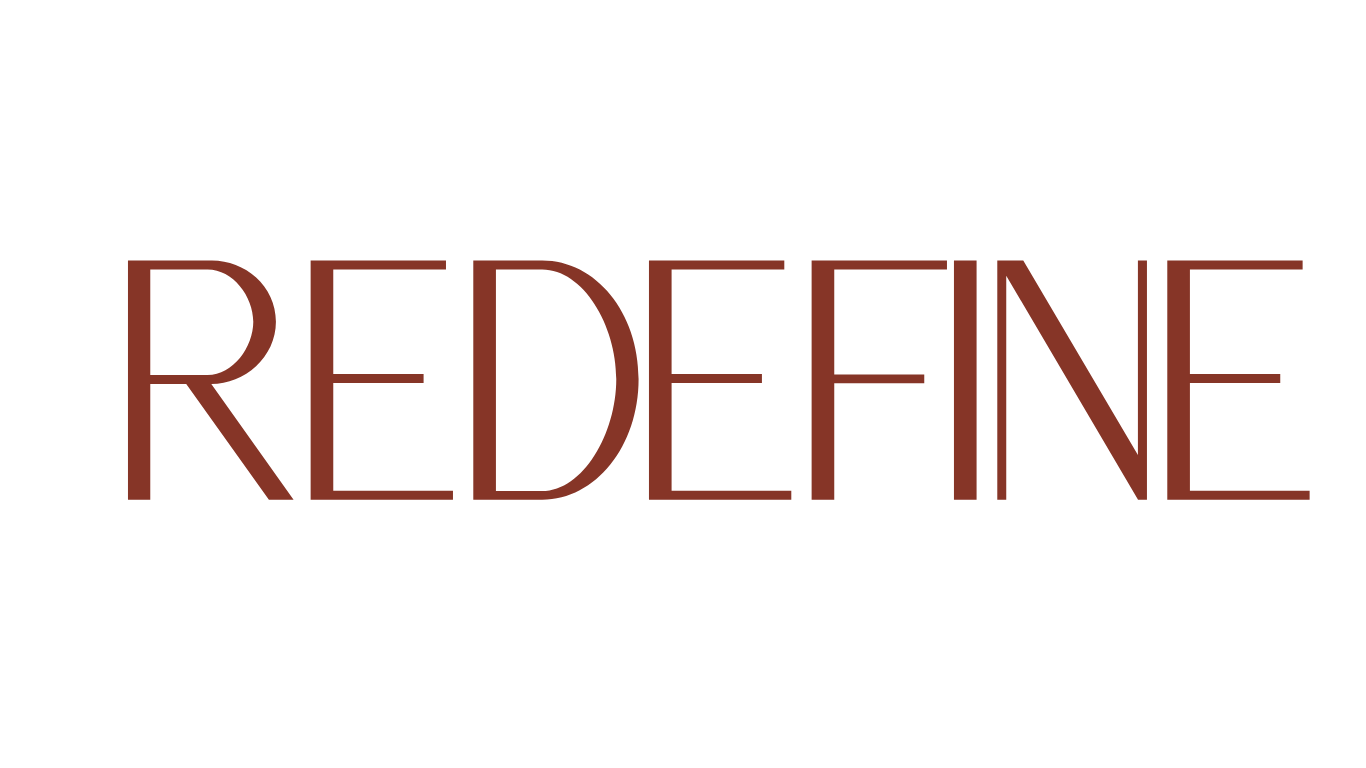 The word 'REDEFINE' written in large, stylized, brownish-red letters on a black background.