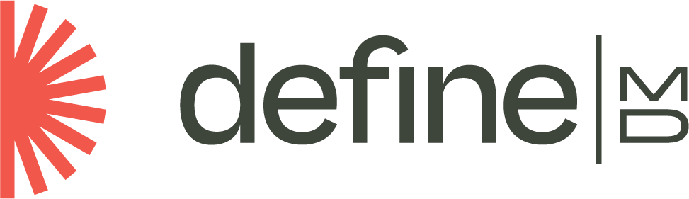 Logo with a red, starburst shape on the left and the words 'define' and 'MD' in black and green text on the right.