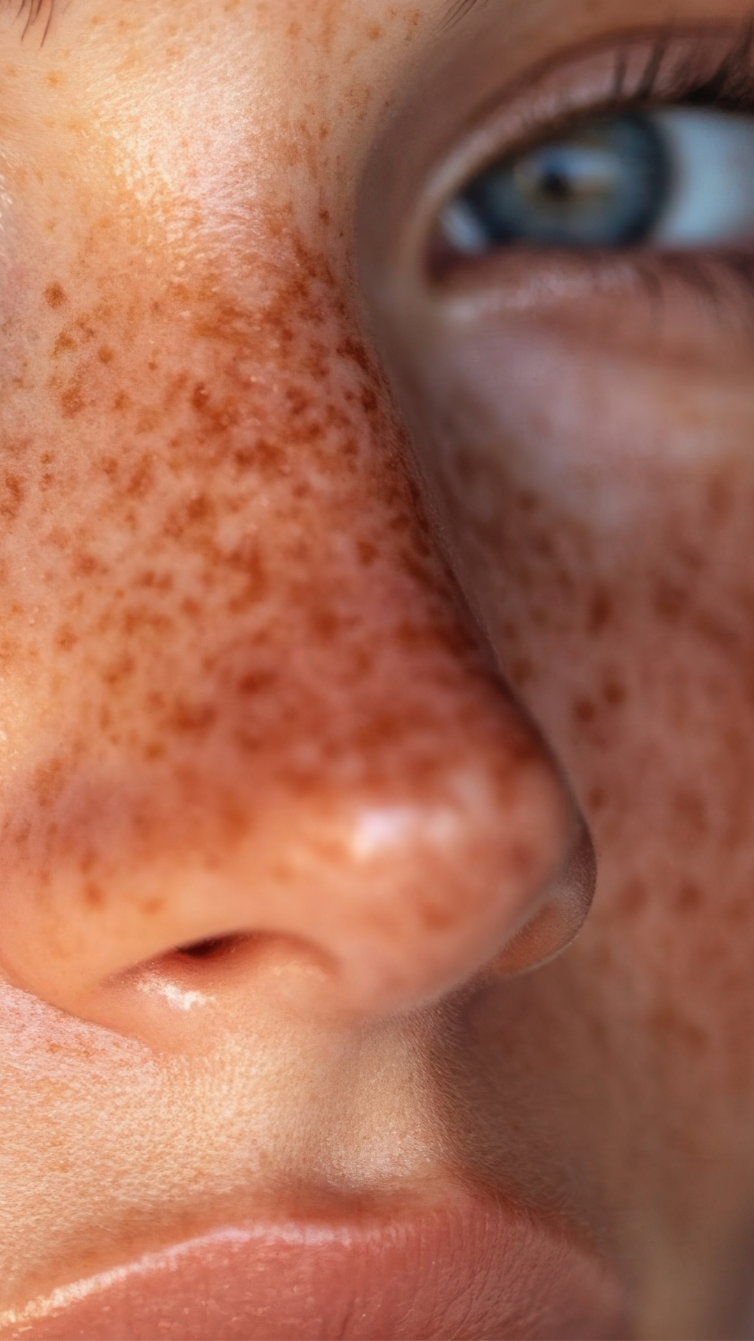 Close-up photo of a person's face, focusing on the nose and surrounding skin with freckles, and a part of one eye visible.