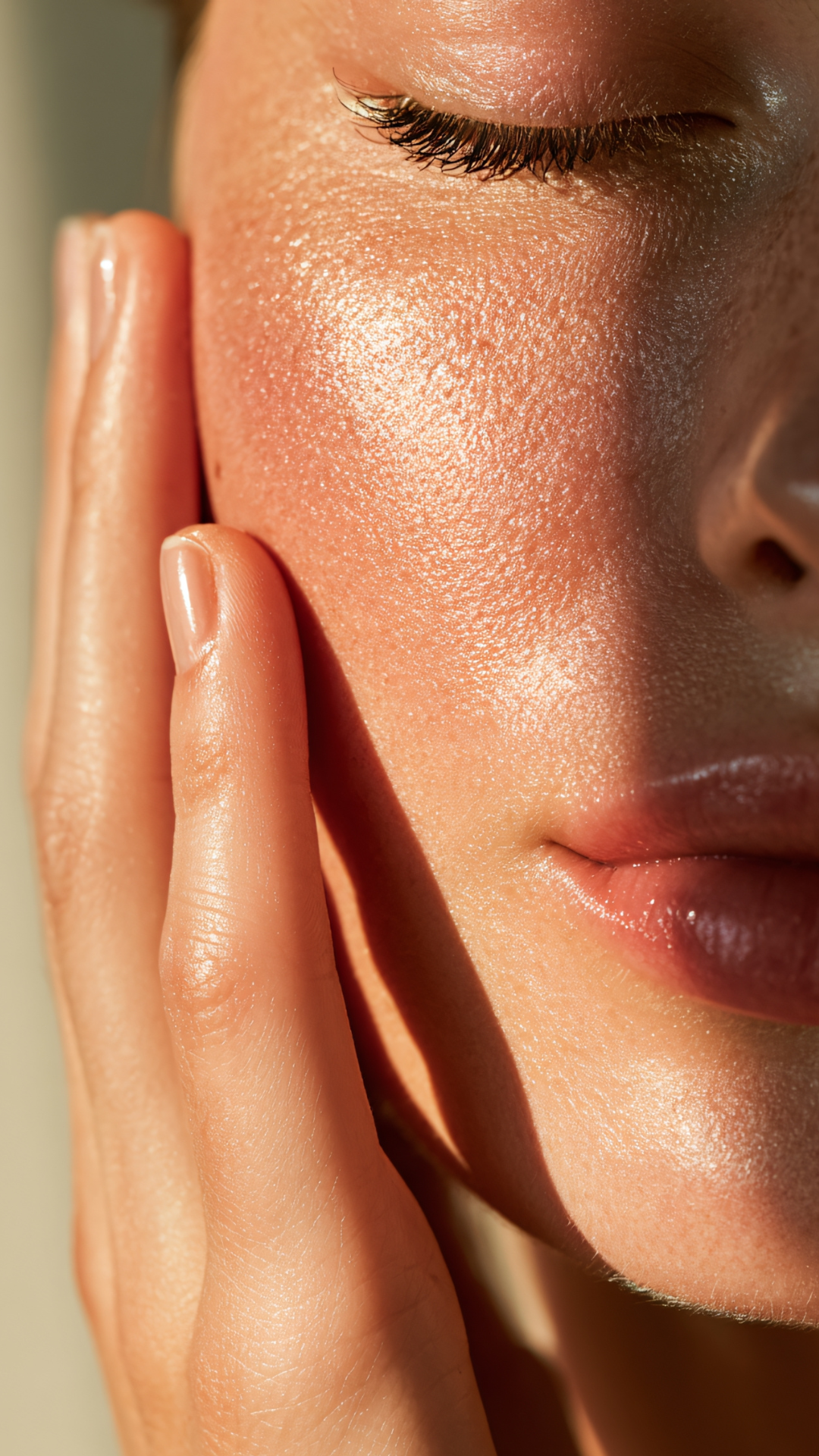 Close-up of a person's face with closed eyes, hand gently touching the cheek, with radiant skin and dewy lips.