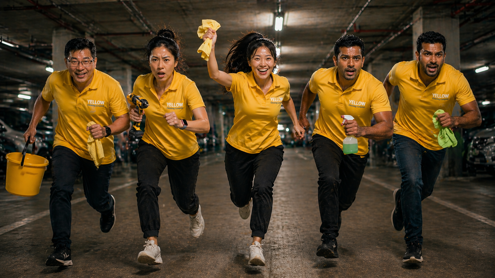 Five diverse people in yellow shirts running in a parking garage, holding cleaning tools and supplies, smiling and energetic.