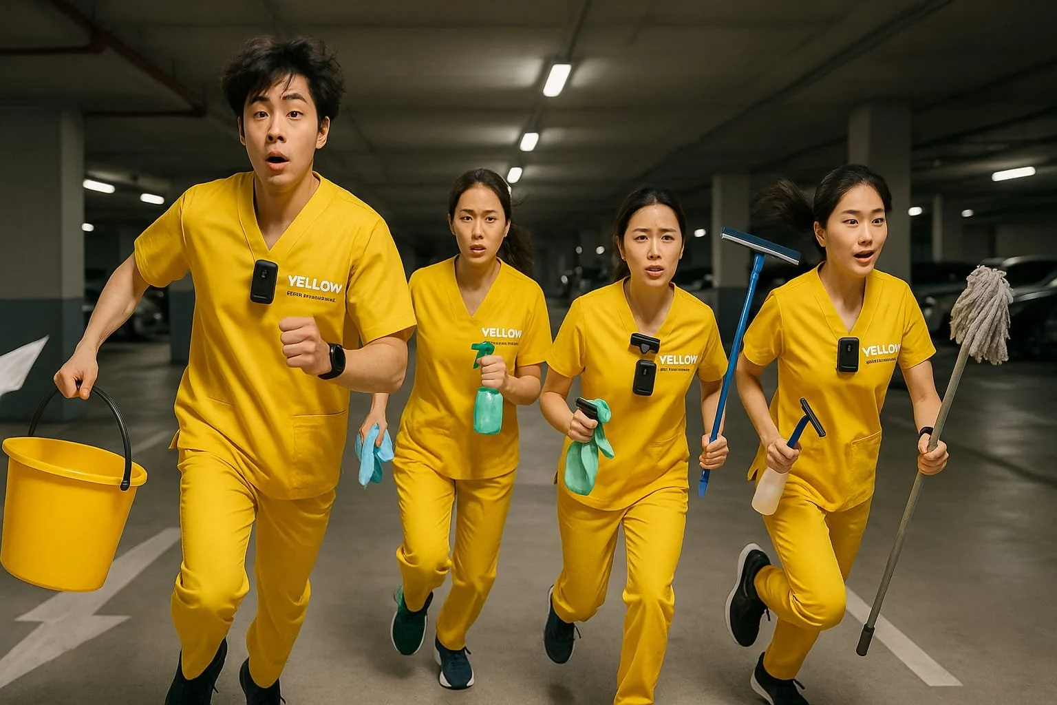 Four women dressed in yellow cleaning uniforms running in a parking garage, carrying cleaning tools and supplies.