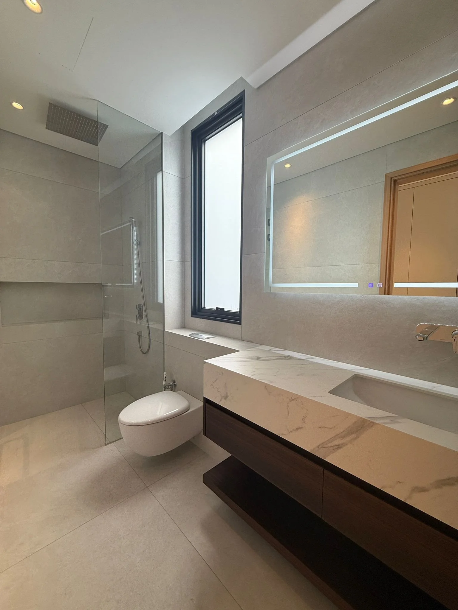 Modern bathroom with a walk-in shower, a toilet, and a vanity with a marble countertop and a large illuminated mirror.